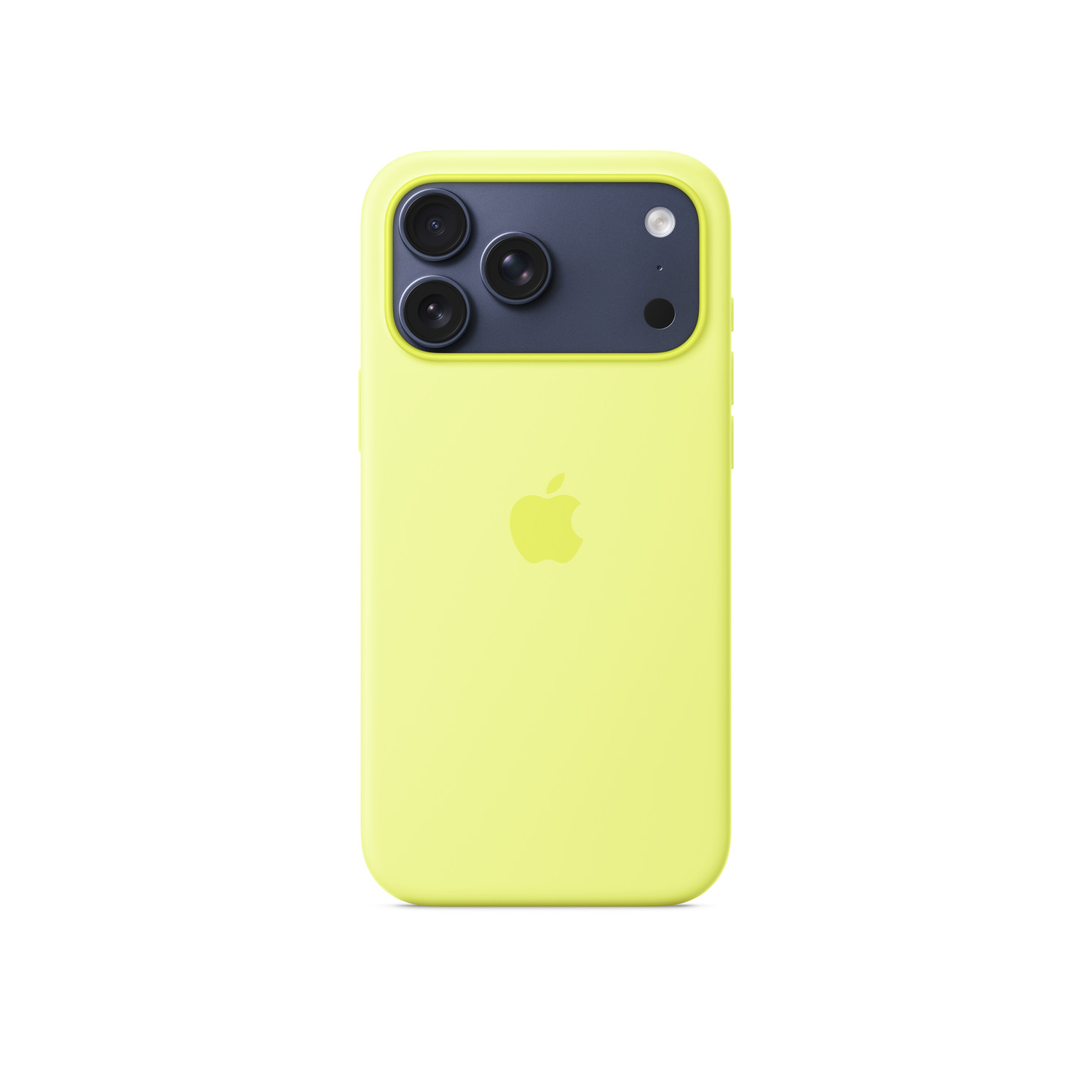 Een gele telefoonhoes met een donkergrijze camera en Apple-logo. Drie cameralenzen en een flitser zijn zichtbaar.