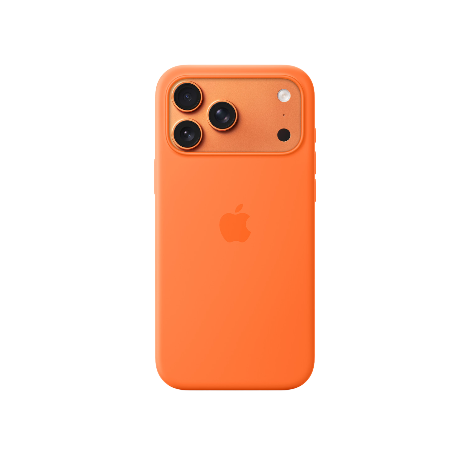 Eine orangefarbene iPhone-Hülle mit dem Apple-Logo. Sie hat mehrere Kameralinsen und einen Blitz auf der Rückseite, vor schwarzem Hintergrund.