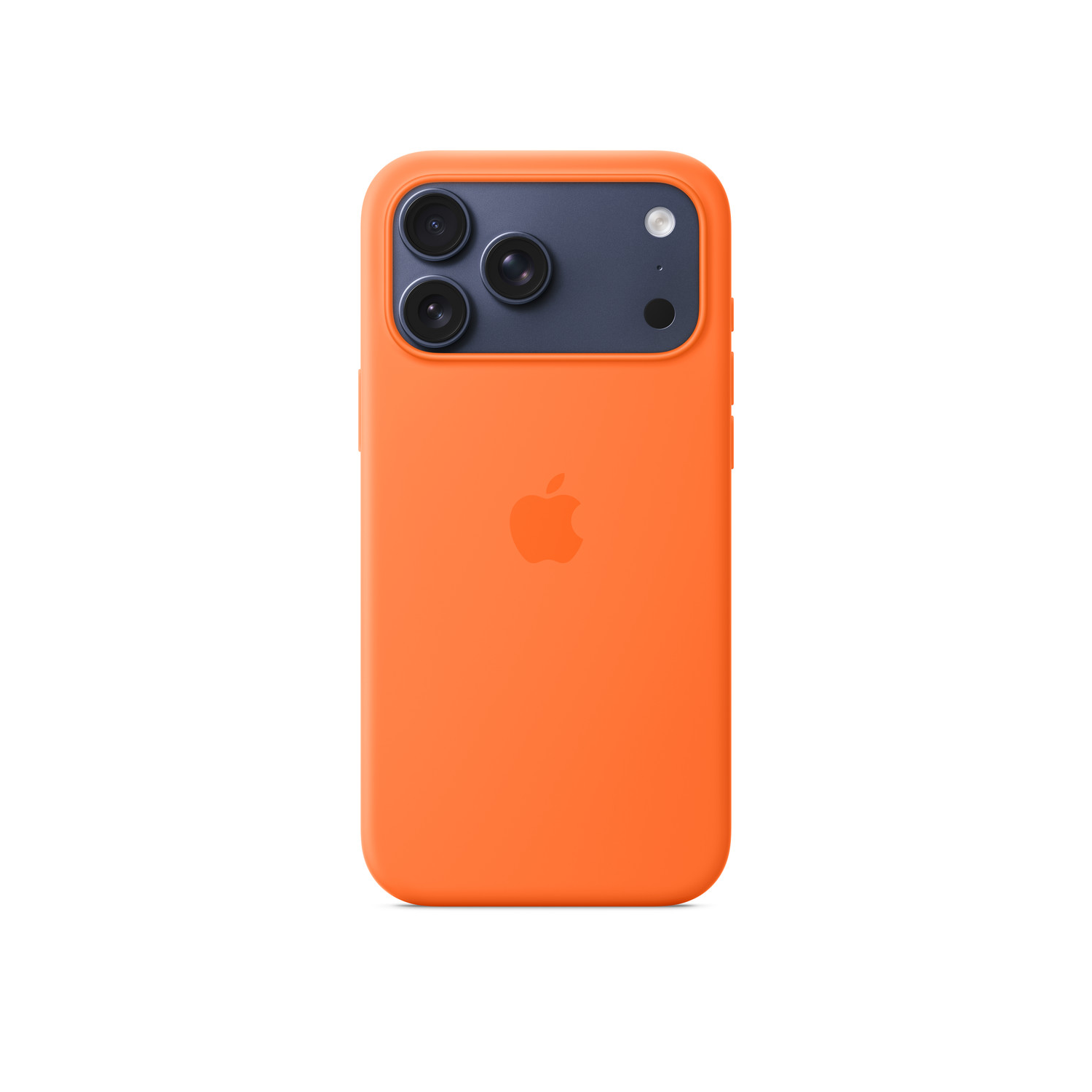 Een oranje iPhone-hoesje met een donkerblauwe camerasectie. Apple-logo zichtbaar. Drie cameralenzen en flits aanwezig.