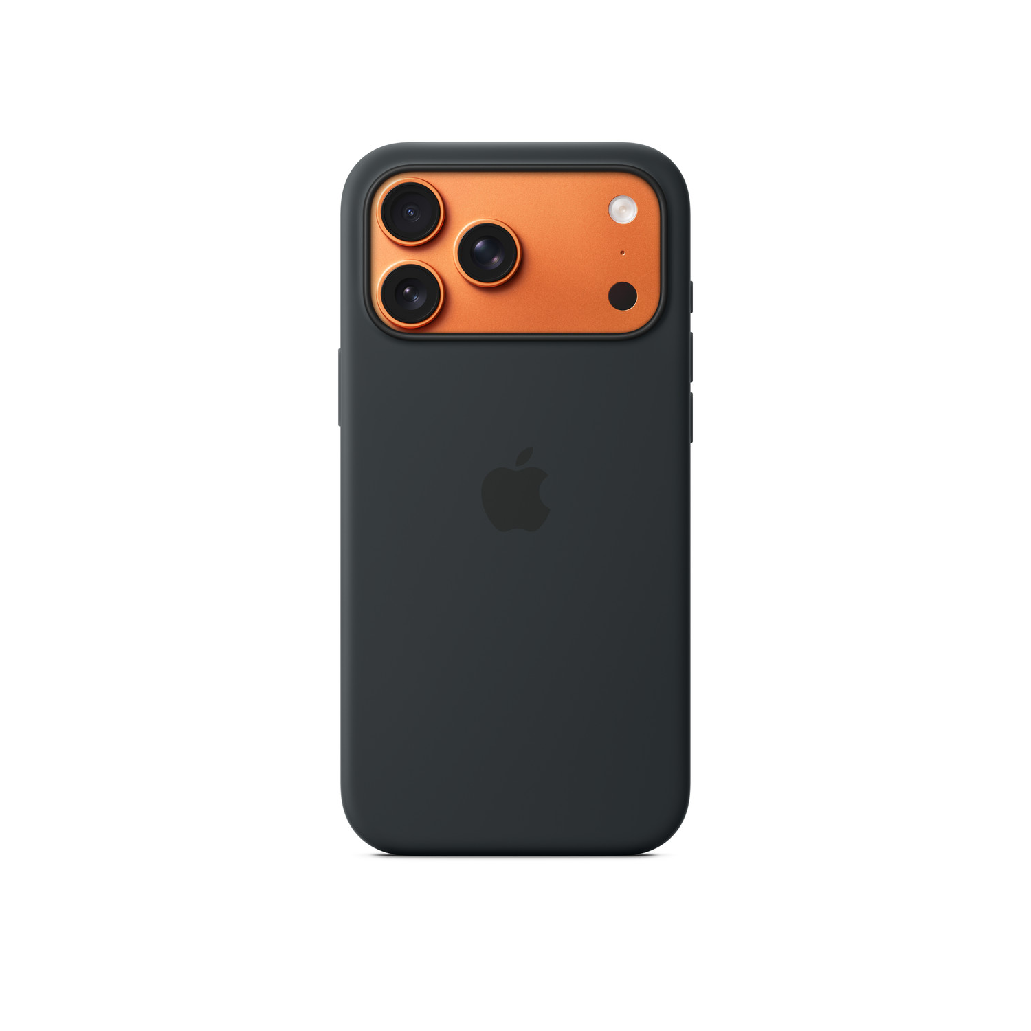 Zwarte telefoonhoes met oranje cameragedeelte en drie lenzen. Apple-logo zichtbaar. Witte achtergrond.