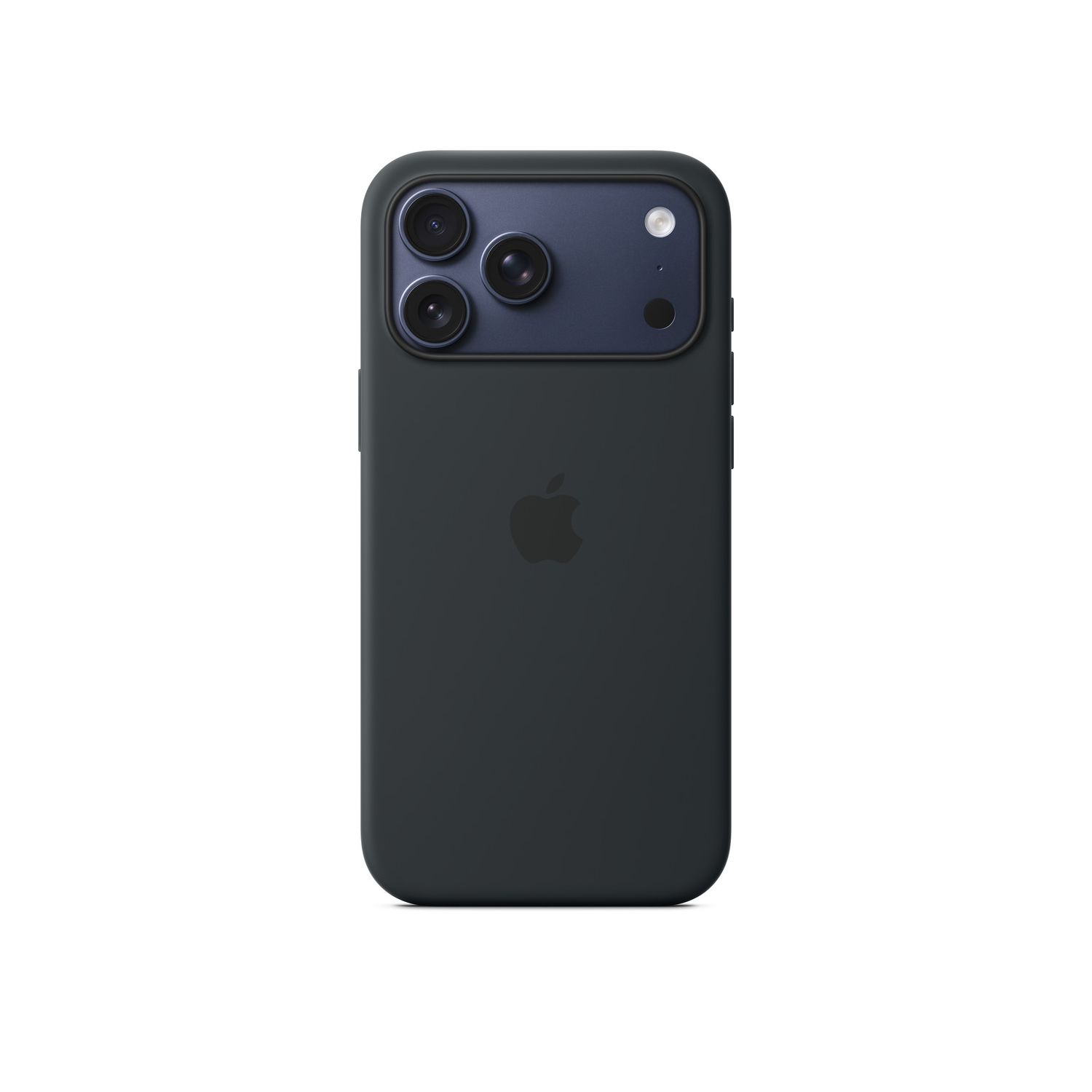 Een donkergrijze iPhone met zwarte hoes. Het heeft drie cameralenzen en een flitser. Het Apple-logo is zichtbaar.