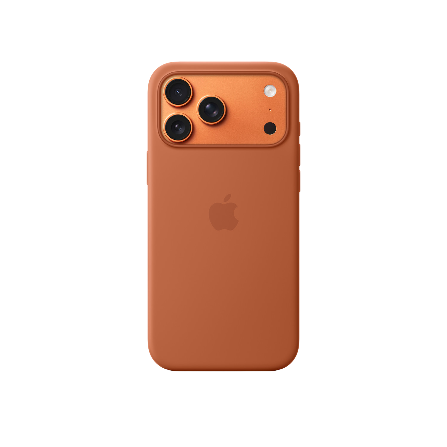 Rückseite eines orangefarbenen iPhones mit passender Hülle. Es hat drei Kameralinsen, einen Blitz und das Apple-Logo auf schwarzem Hintergrund.