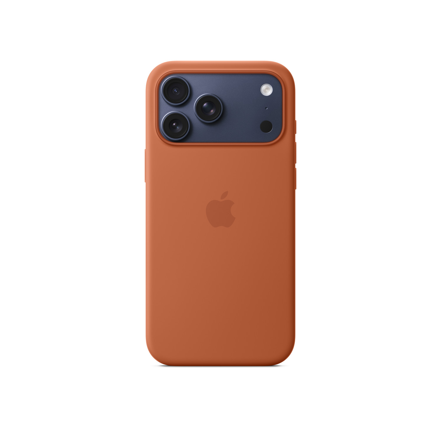 Een oranje iPhone met een donkerblauwe camera en drie lenzen. Een Apple-logo staat in het midden.