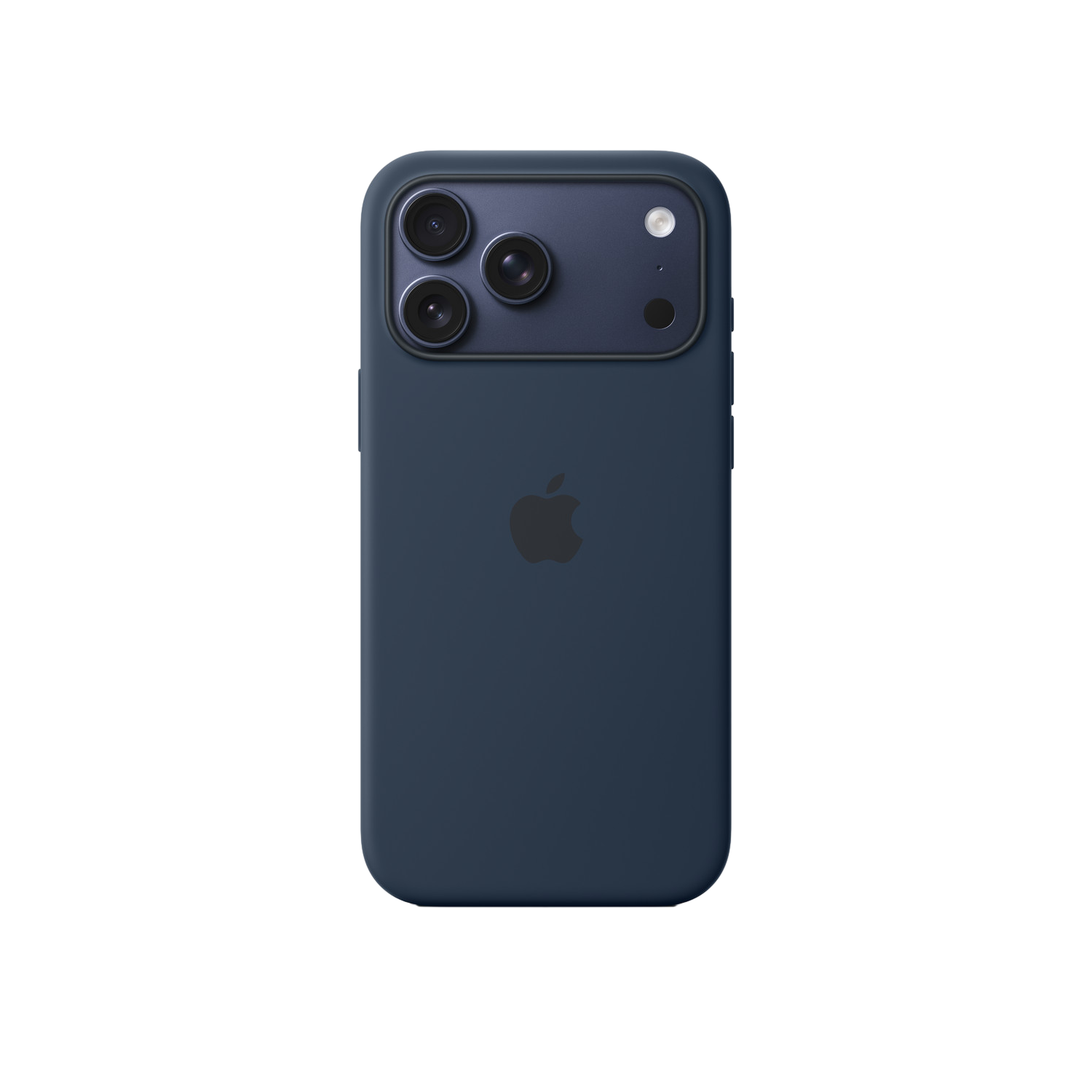 Ein dunkelblaues iPhone mit drei Kameras. Das Apple-Logo ist sichtbar. Das Telefon befindet sich vor einem schwarzen Hintergrund.