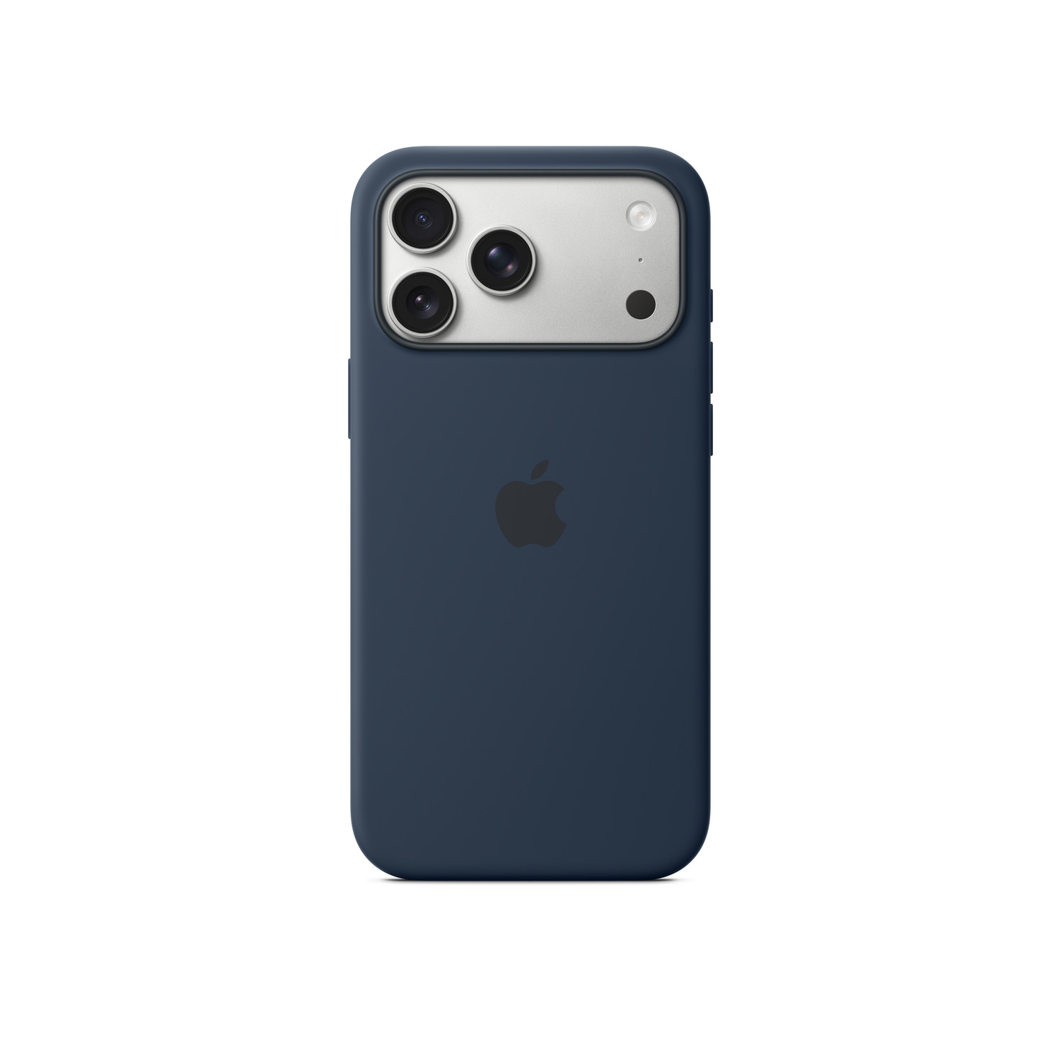 Een donkerblauwe iPhone met drie cameralenzen en een Apple-logo op een witte achtergrond.