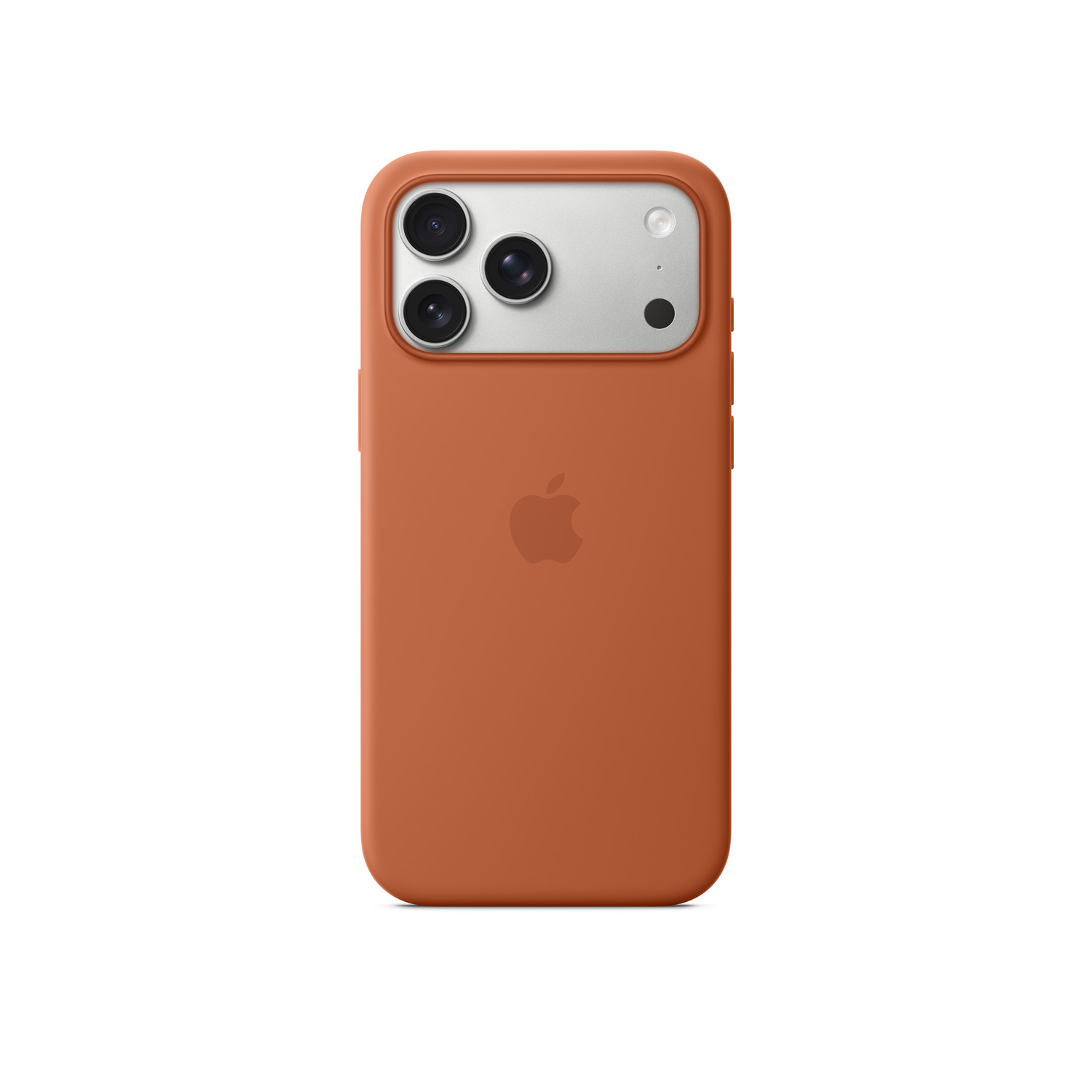An orange iPhone case with a silver camera module, featuring 3 lenses and an Apple logo. The background is white.