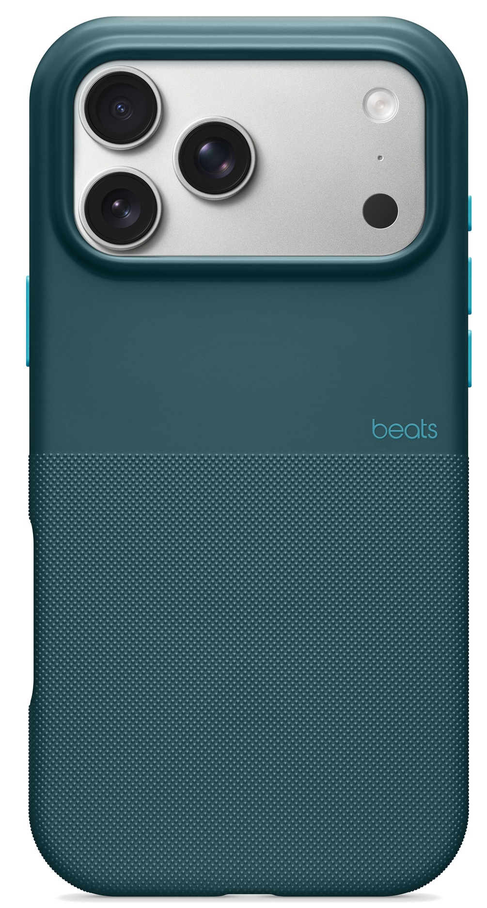 Turkusowe etui na telefon z trzema aparatami. Etui ma teksturowane dno i gładką górę z logo 'beats'.