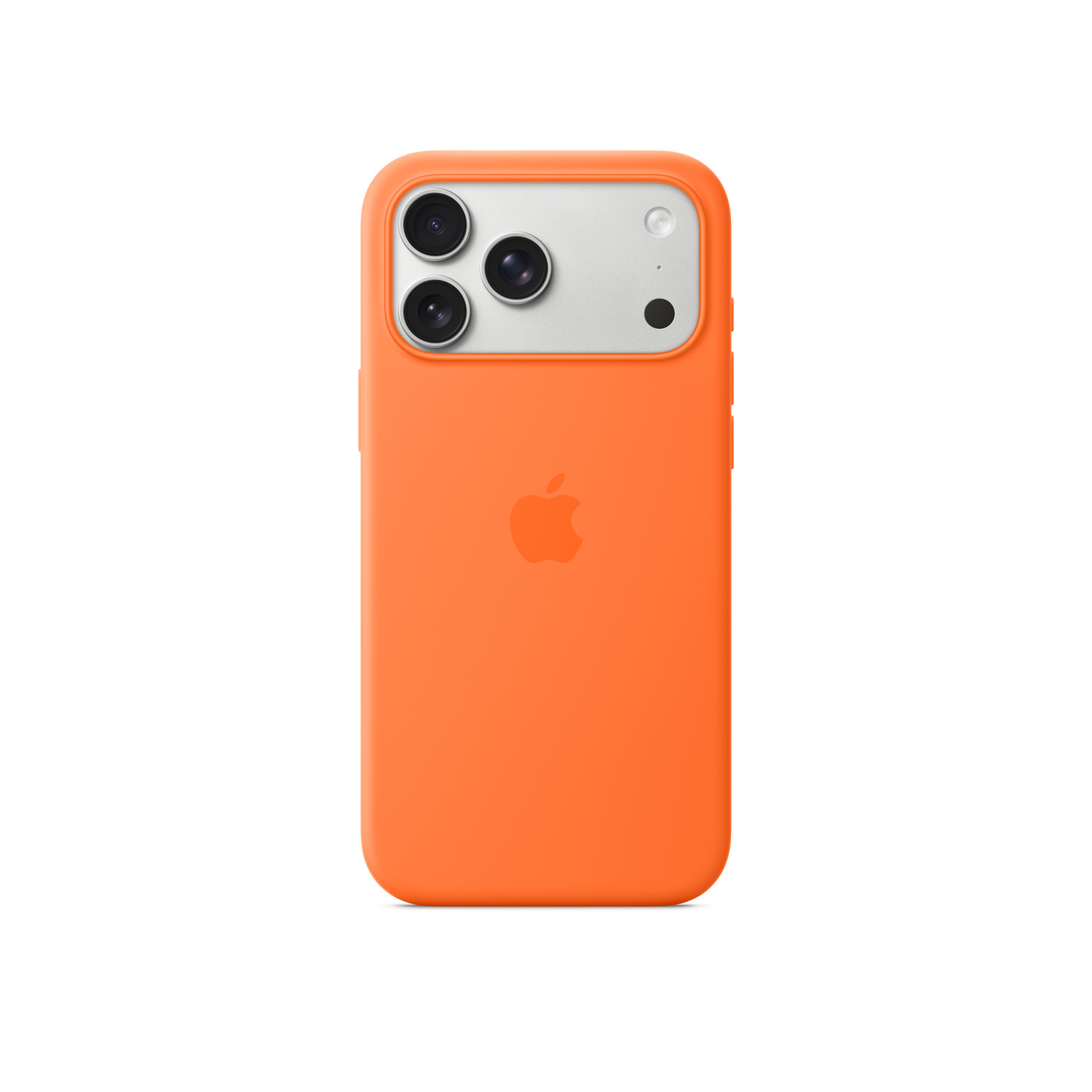 An orange phone case with an Apple logo. The case has camera lenses and a flash.