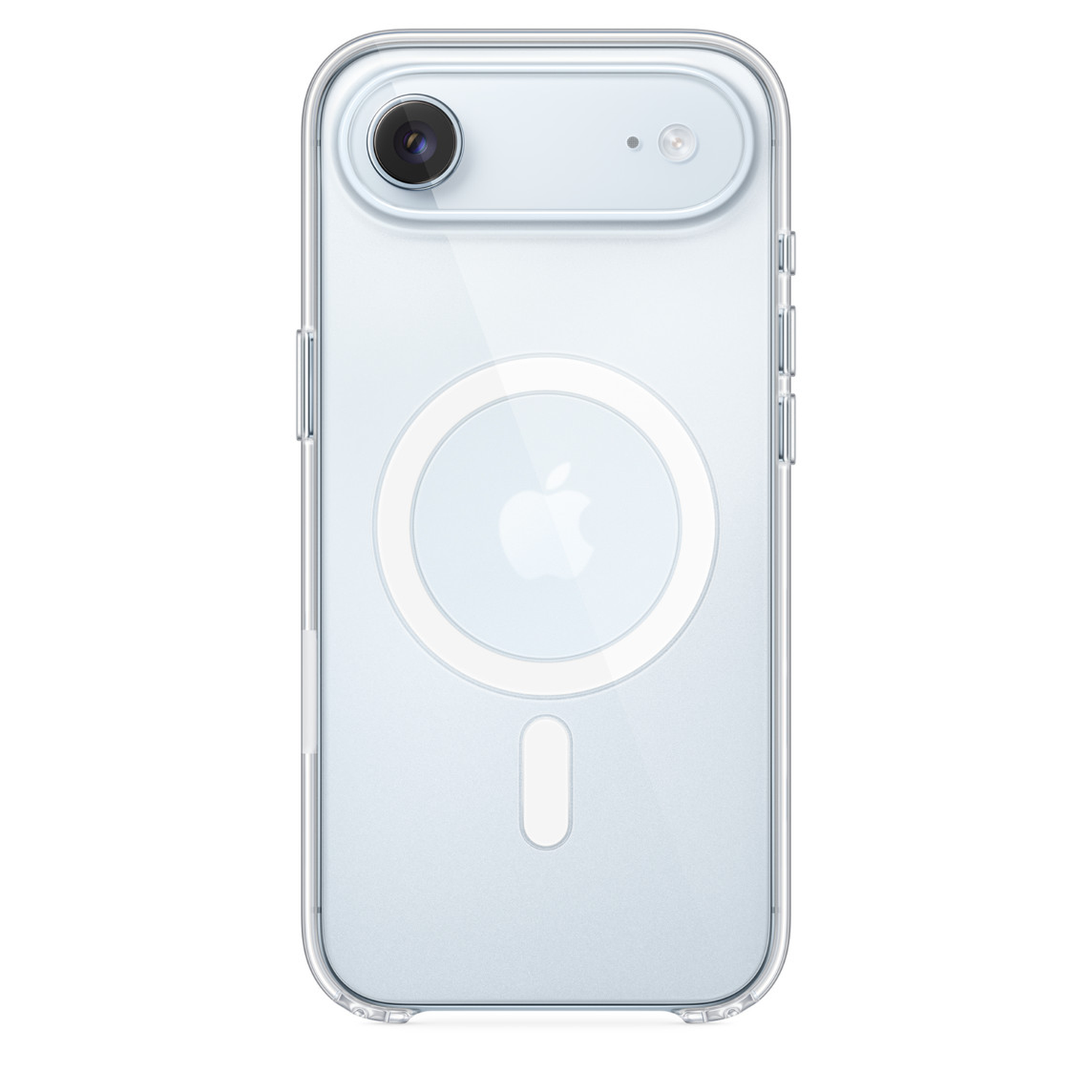 Clear iPhone case. Camera lens, Apple logo, and MagSafe circle are visible. Case is transparent and the phone is light blue.