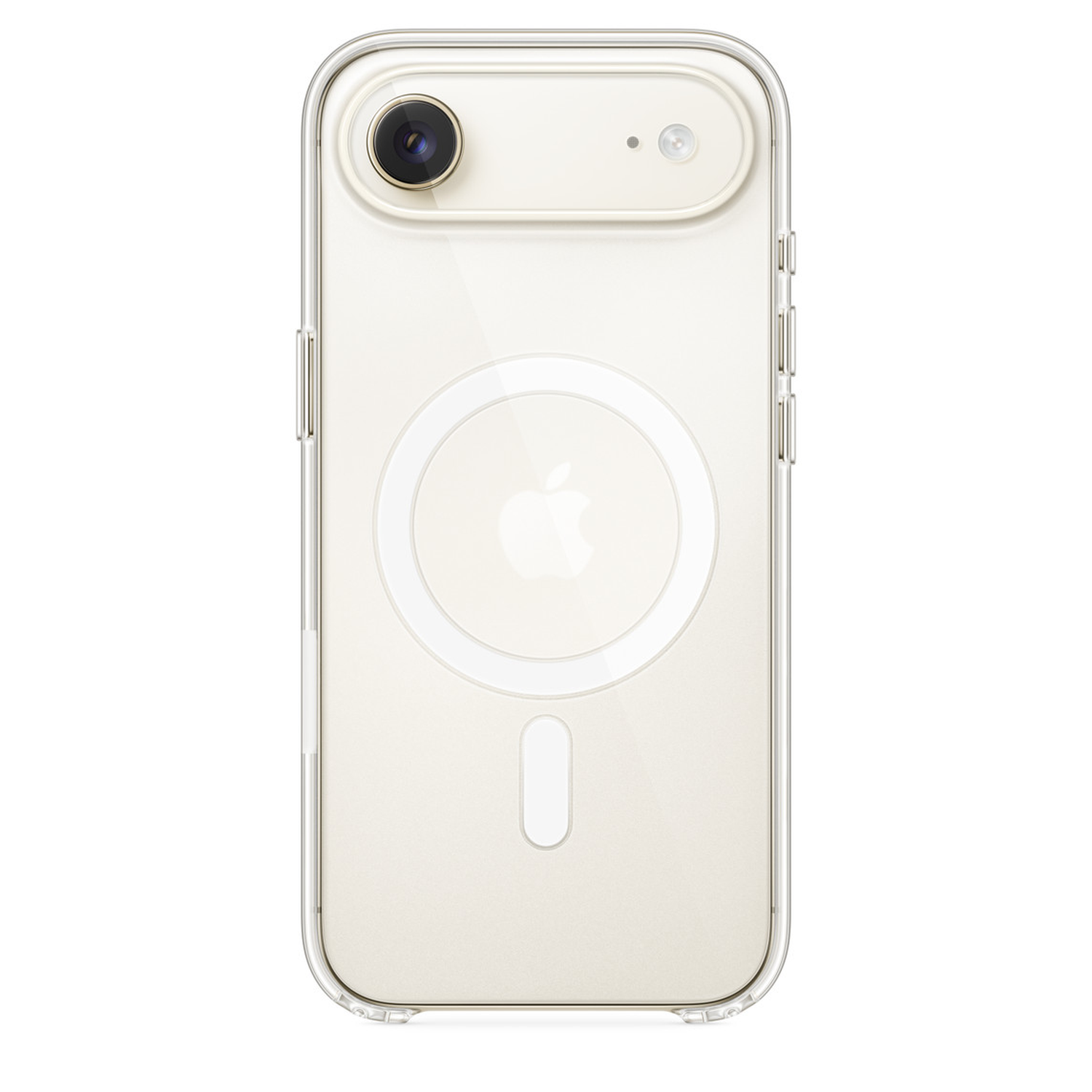 An iPhone in a clear case. Visible are the camera, Apple logo, and MagSafe ring on a light beige background.