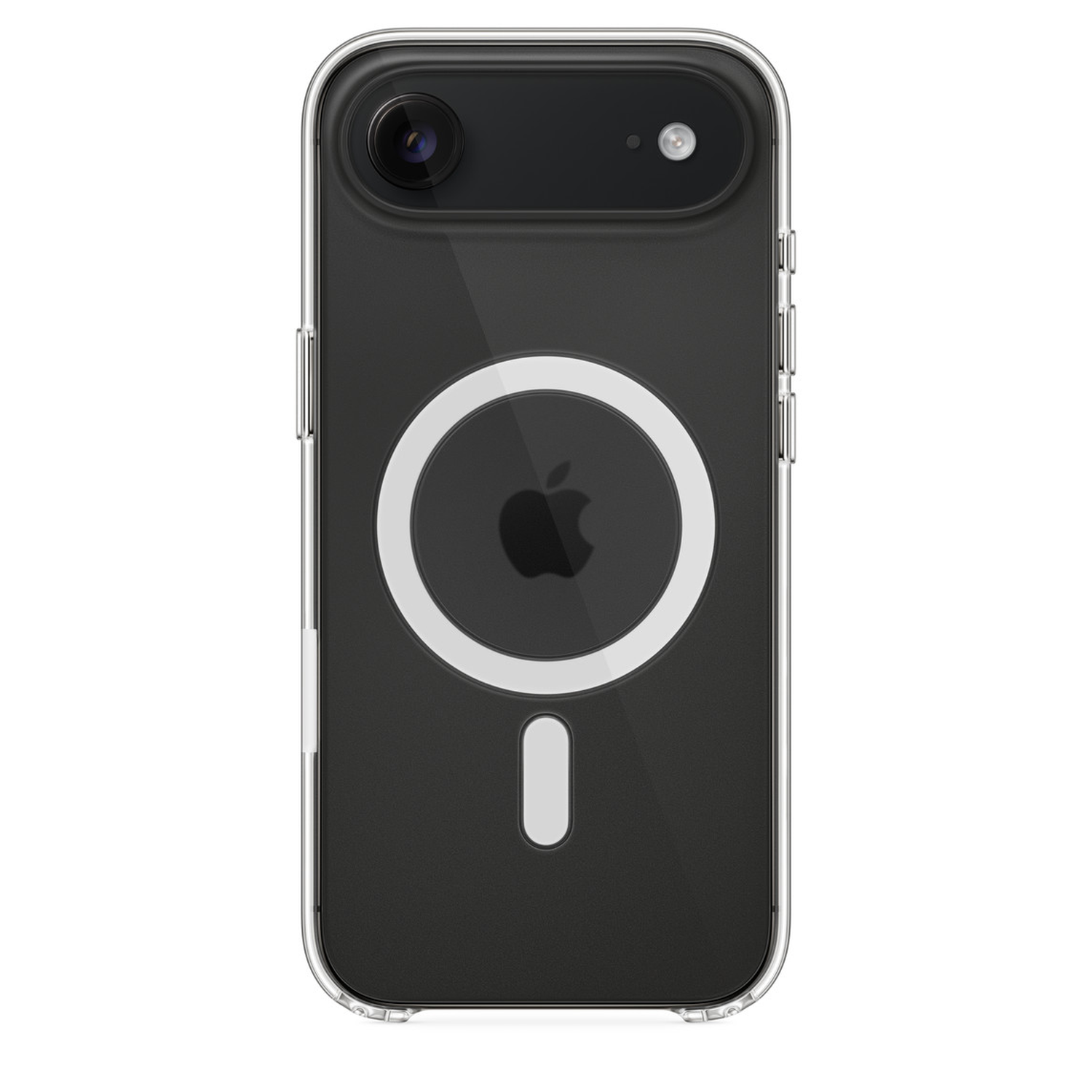 A clear phone case on a black phone. Features Apple logo, camera, and a white MagSafe circle.