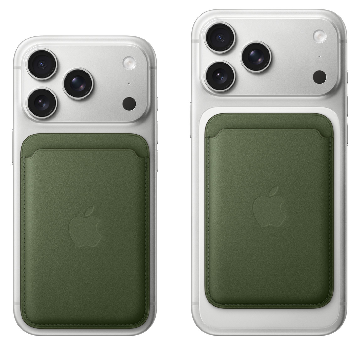 Two iPhones with green leather wallet cases attached. Each phone has three cameras and an Apple logo on the case.