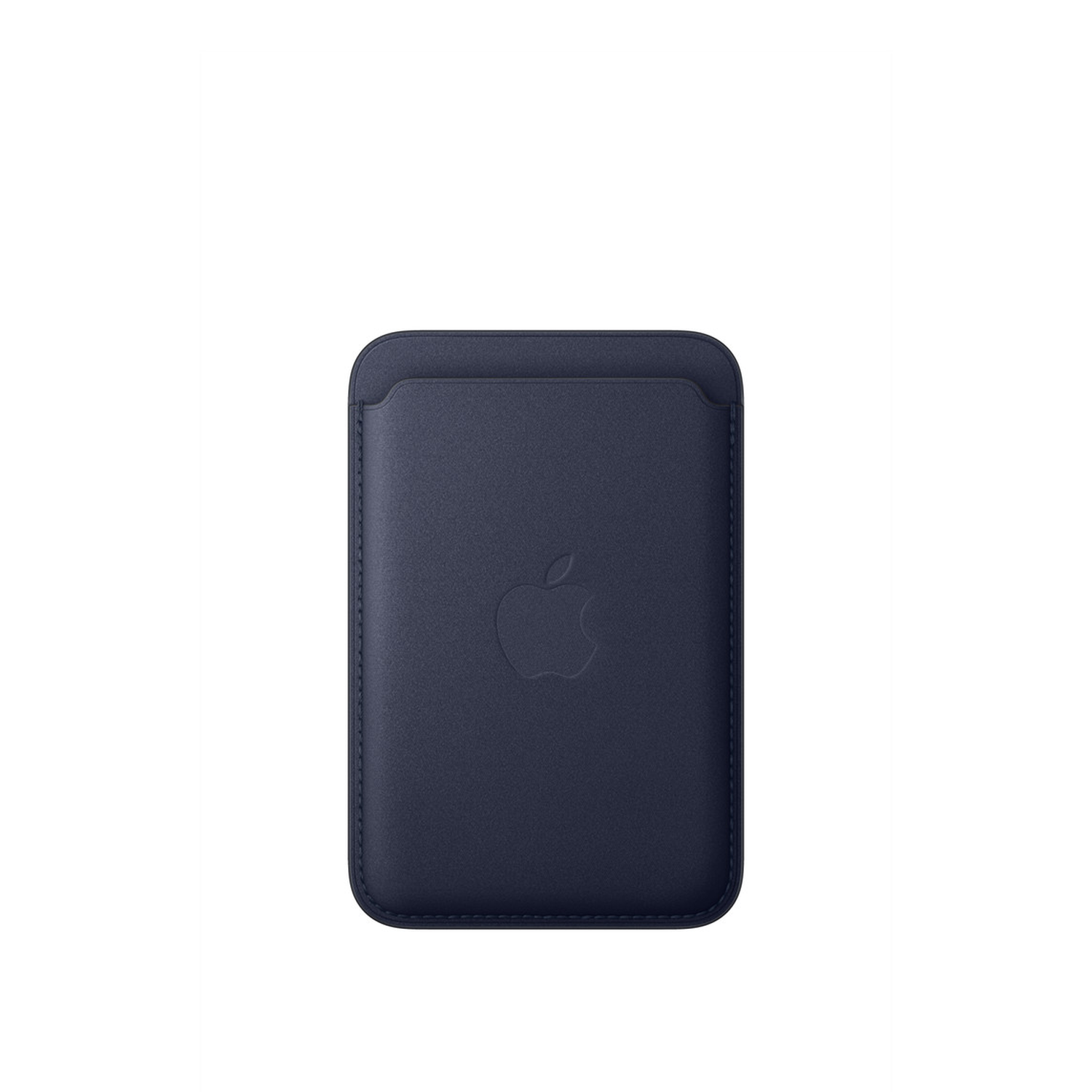 A navy blue Apple MagSafe wallet, with the Apple logo embossed on the front, against a white background.