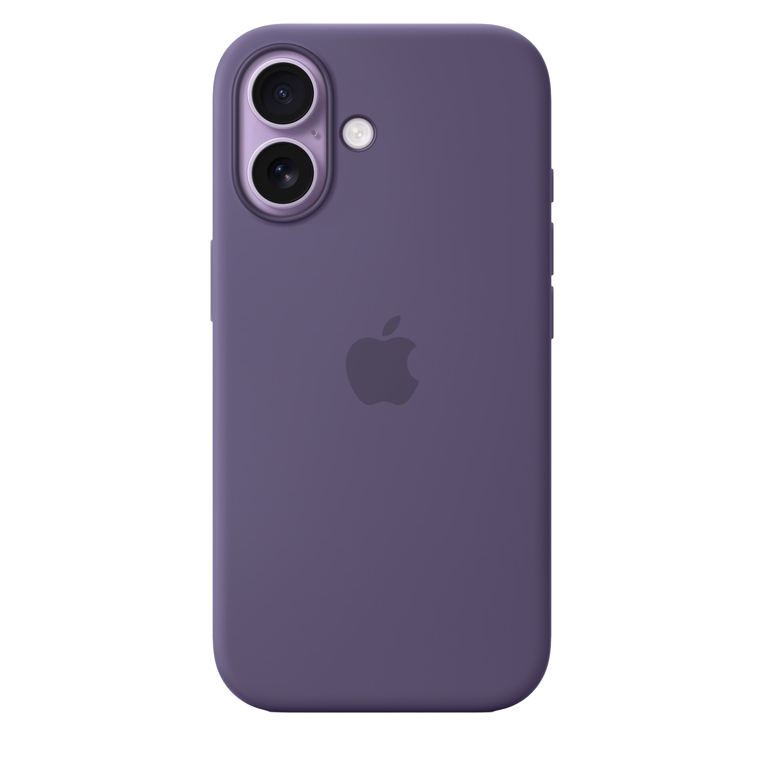Een paarse telefoonhoes met het Apple-logo. Het heeft twee cameralenzen en een flitser. De achtergrond is wit.