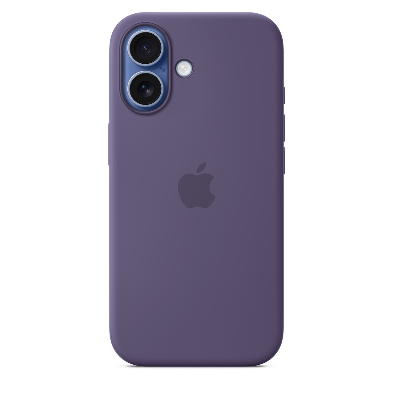 Een paarse telefoonhoes met twee cameralenzen en een Apple-logo. Op een witte achtergrond.