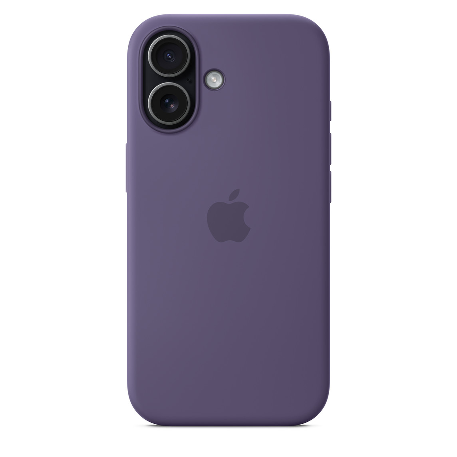 Een paarse telefoonhoes met een Apple-logo. Het heeft een camerabult met twee lenzen en een flitser. De hoes staat op een witte achtergrond.
