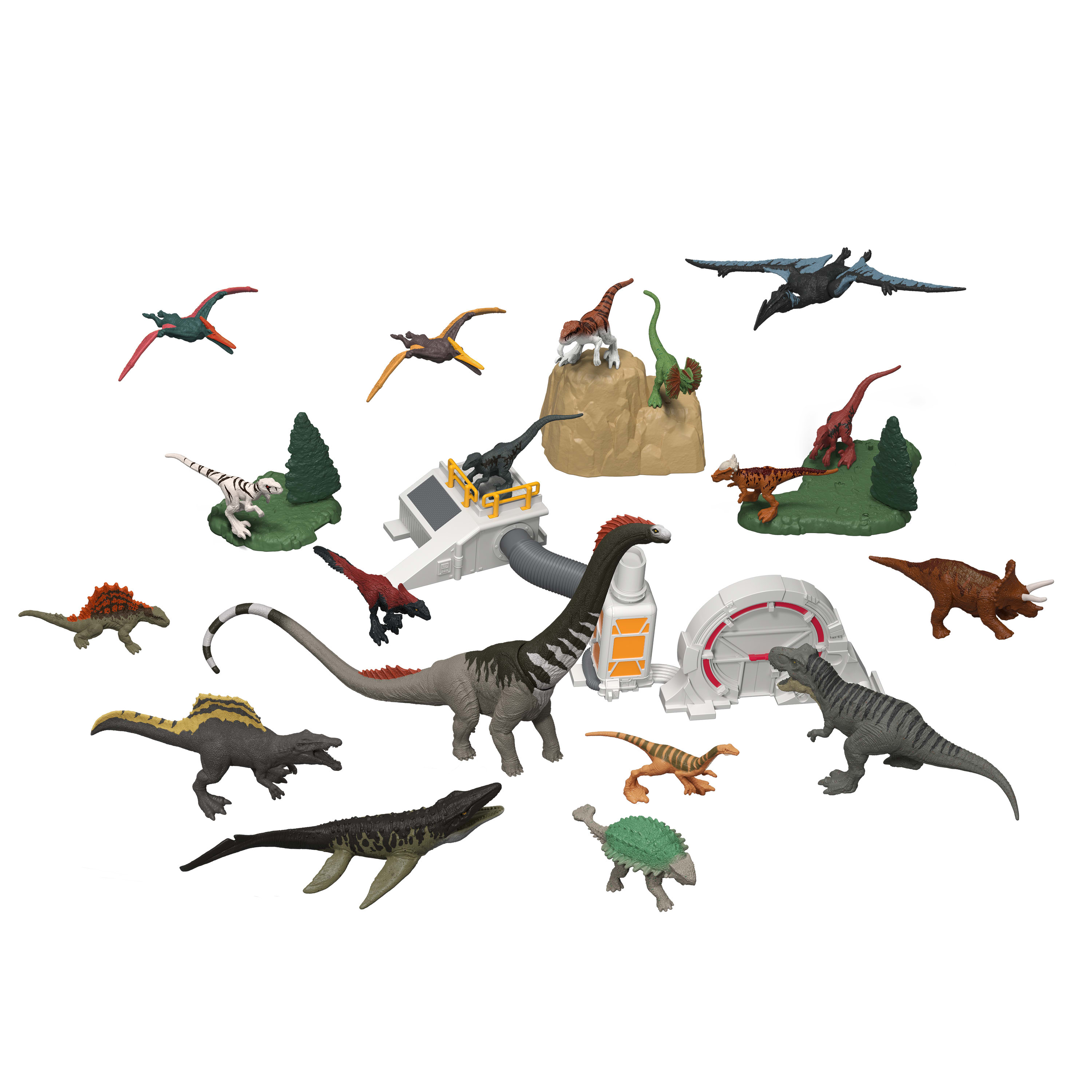 Verschiedene Spielzeugdinosaurier und Strukturen sind vor einem weißen Hintergrund angeordnet, darunter Pterosaurier und ein Langhalssaurier.