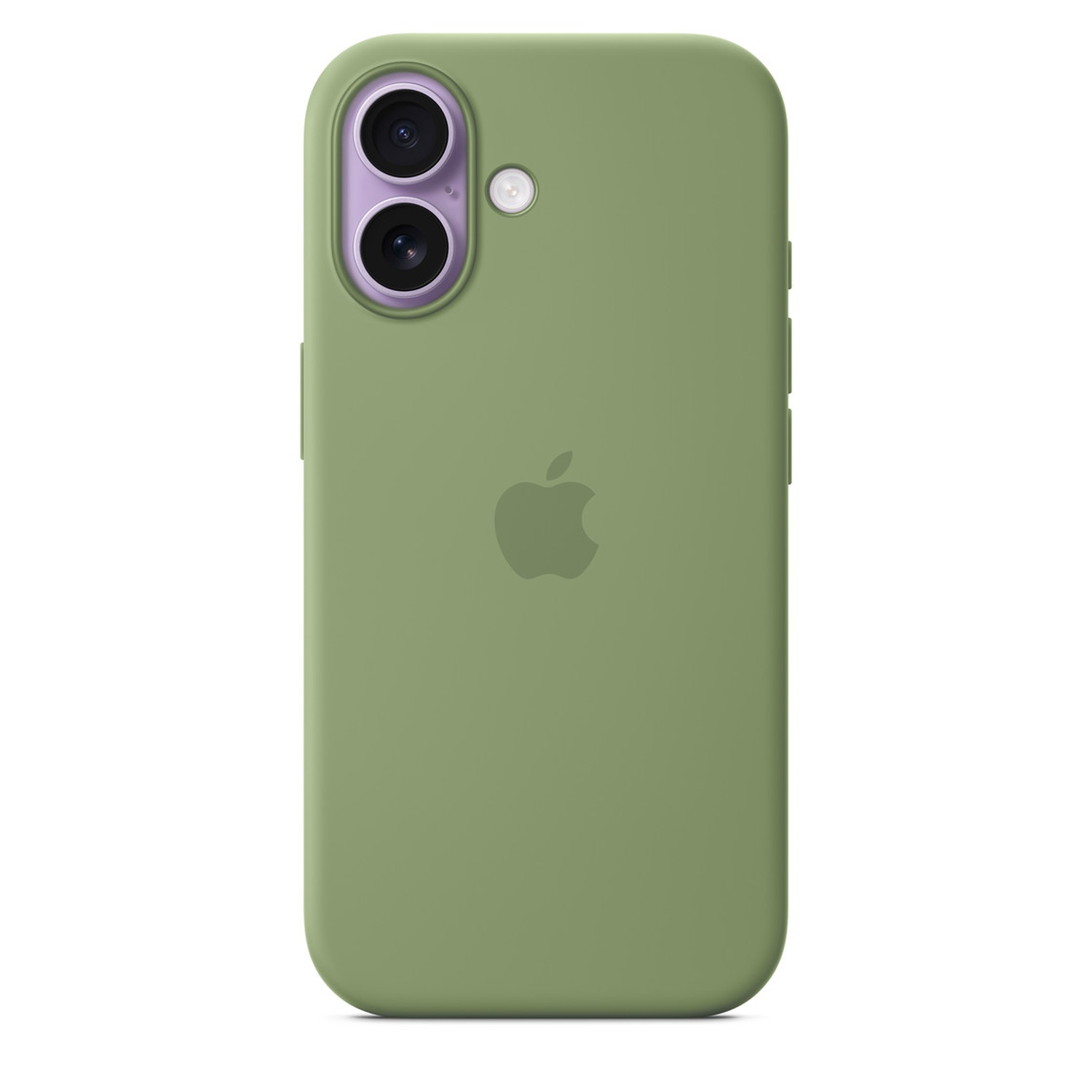 A green iPhone case with a dual-lens camera and flash. The Apple logo is visible. The background is white.