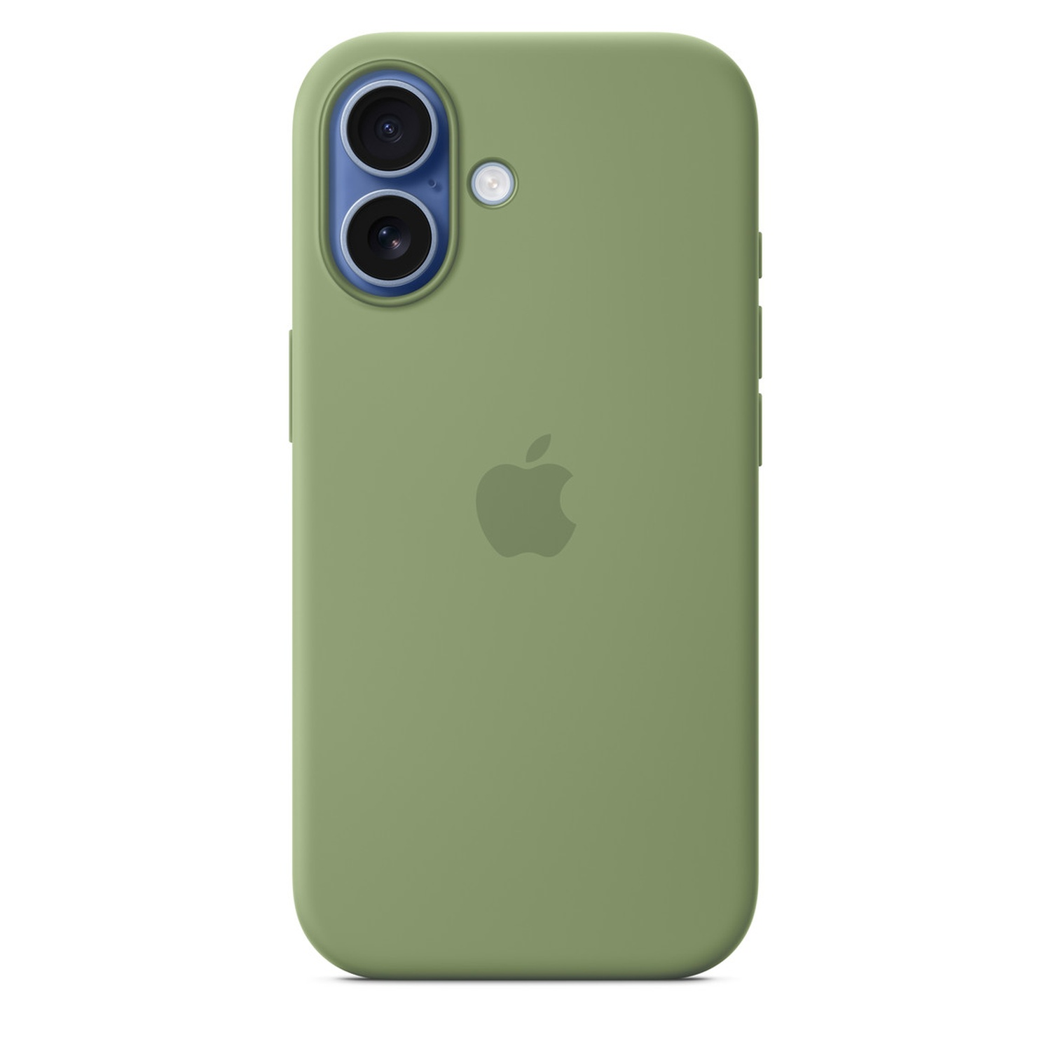 An olive-green phone case with camera lenses and an Apple logo. The background is white.