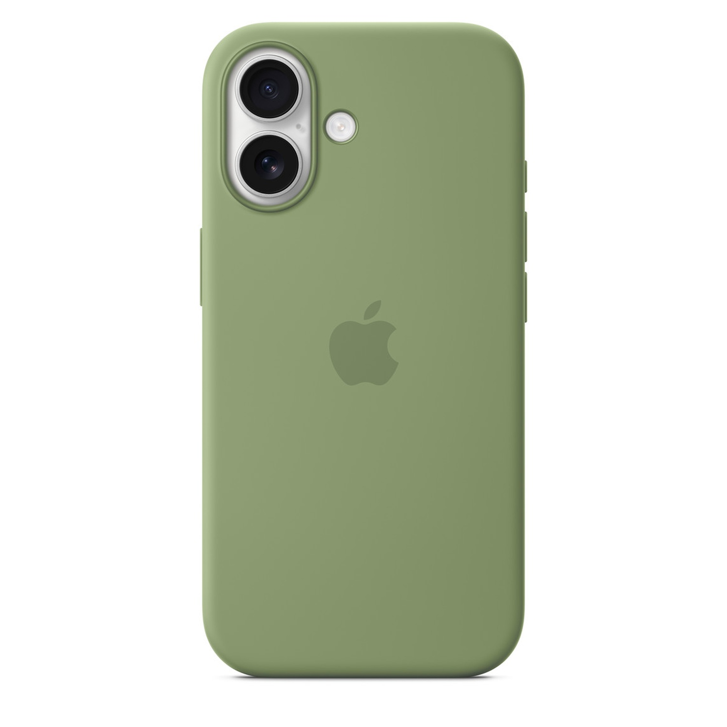 Green phone case with two camera lenses and an Apple logo. The case covers the phone's back.