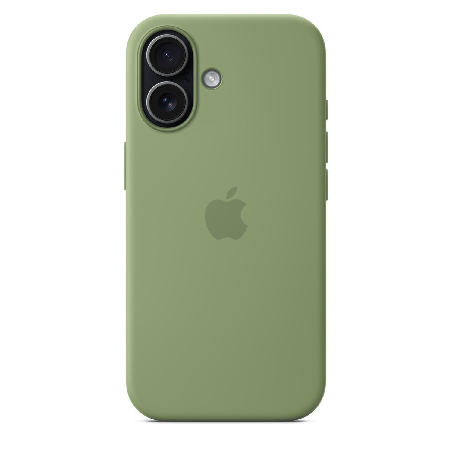 A green phone case with the Apple logo. It has a dual-lens camera and flash. The background is white.
