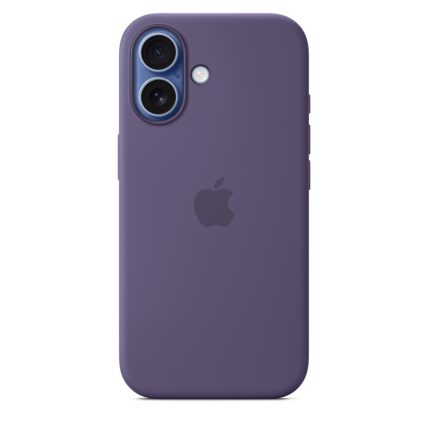 Een paarse telefoonhoes met camerabult en Apple-logo op witte achtergrond.