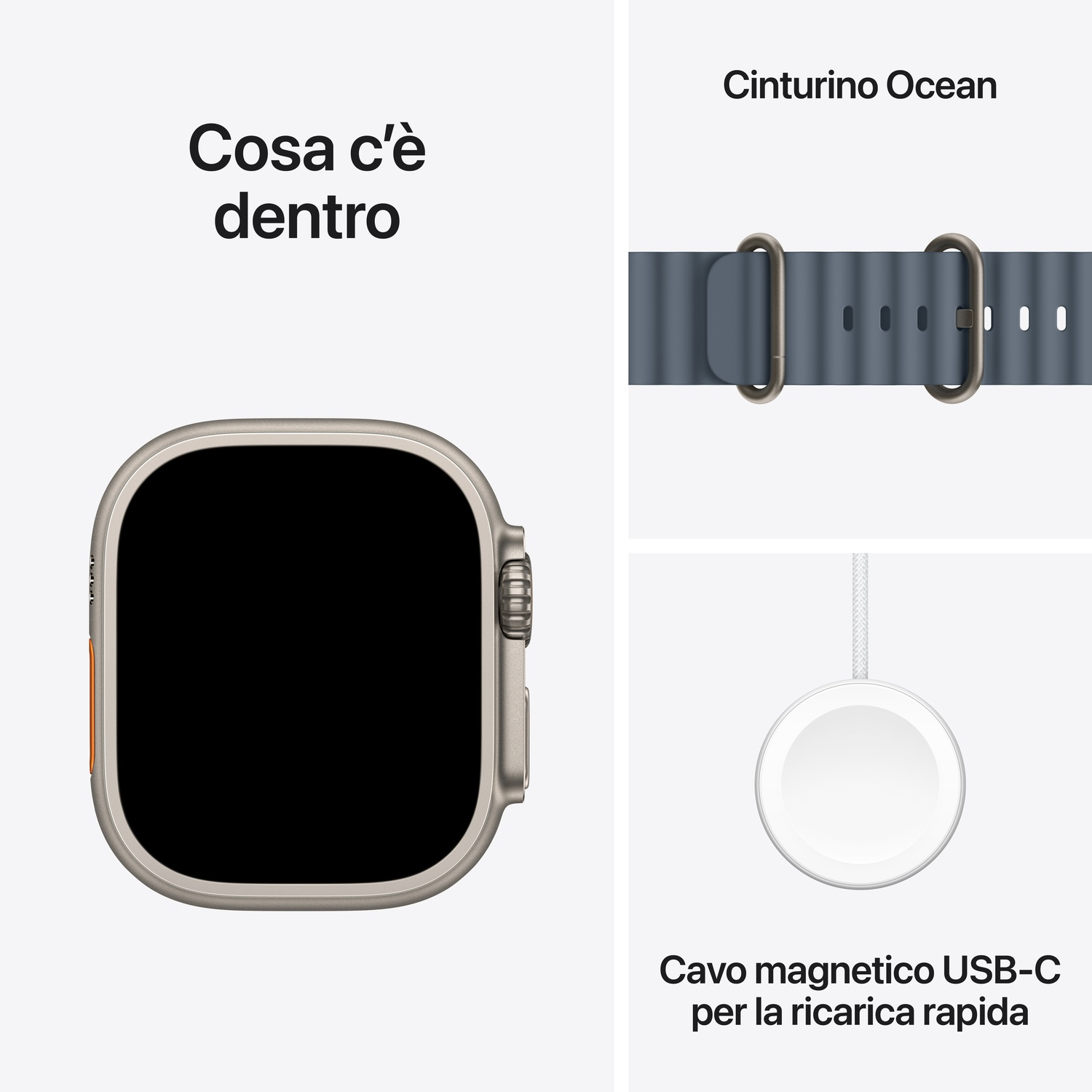 Un Apple Watch, cinturino oceanico e cavo di ricarica magnetico USB-C su sfondo bianco. Il testo recita 'Cosa c'è dentro'.
