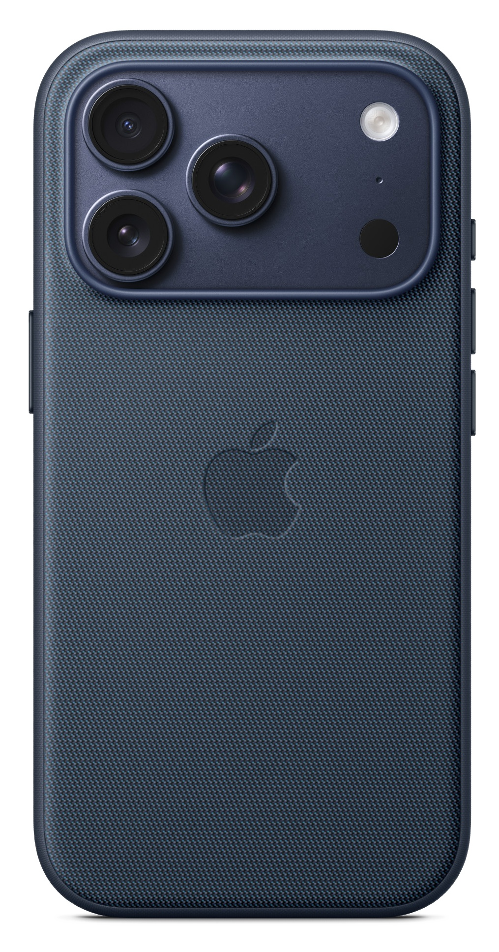 Ciemnoniebieski tył iPhone'a z trzema obiektywami aparatu, lampą błyskową i logo Apple. Obudowa ma teksturowaną powierzchnię.