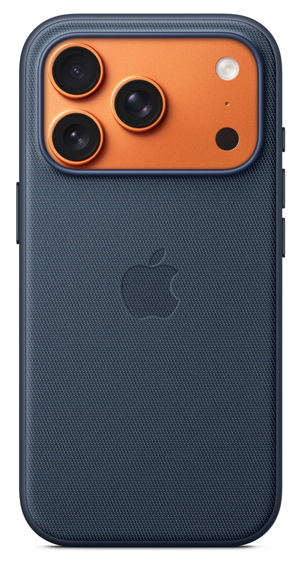 Niebieskie etui na iPhone'a z pomarańczowym obszarem aparatu. Widoczne trzy obiektywy, lampa błyskowa i logo Apple.