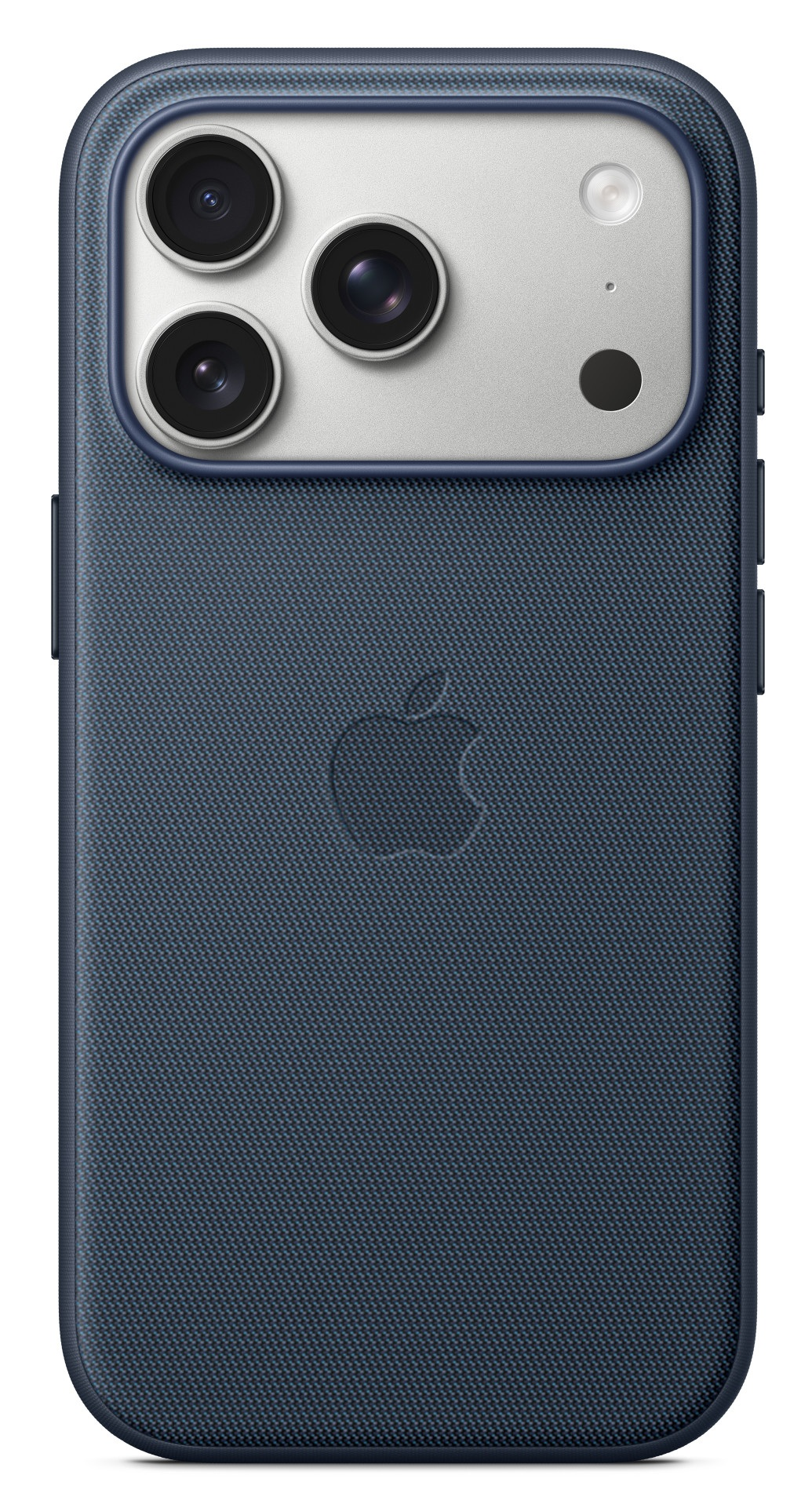 Niebieskie etui na telefon z trzema obiektywami i logo Apple. Srebrny obszar aparatu i ciemnoniebieski teksturowany tył.