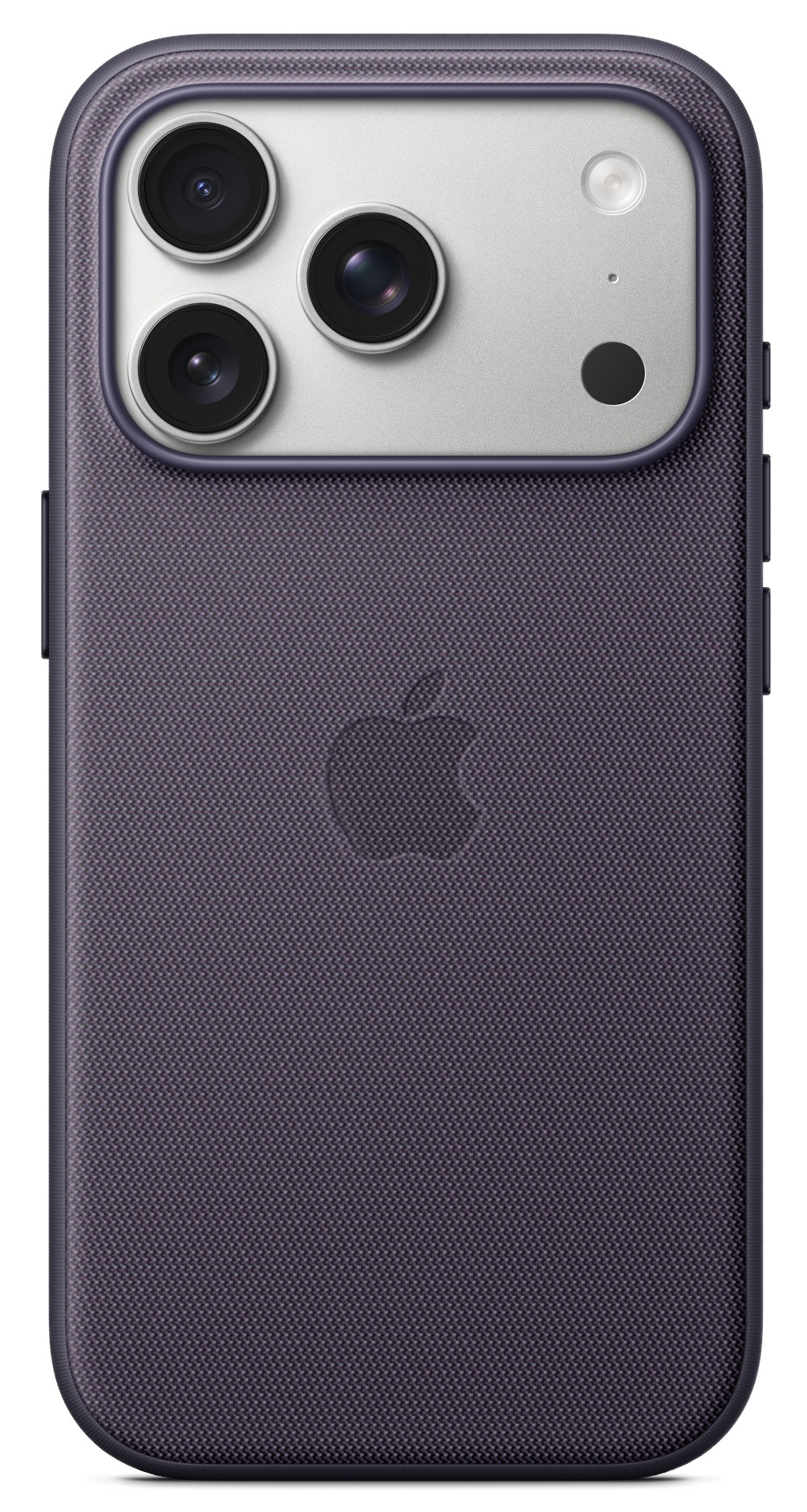 Fioletowe etui na telefon z trzema obiektywami, lampą błyskową i logo Apple. Teksturowana powierzchnia.