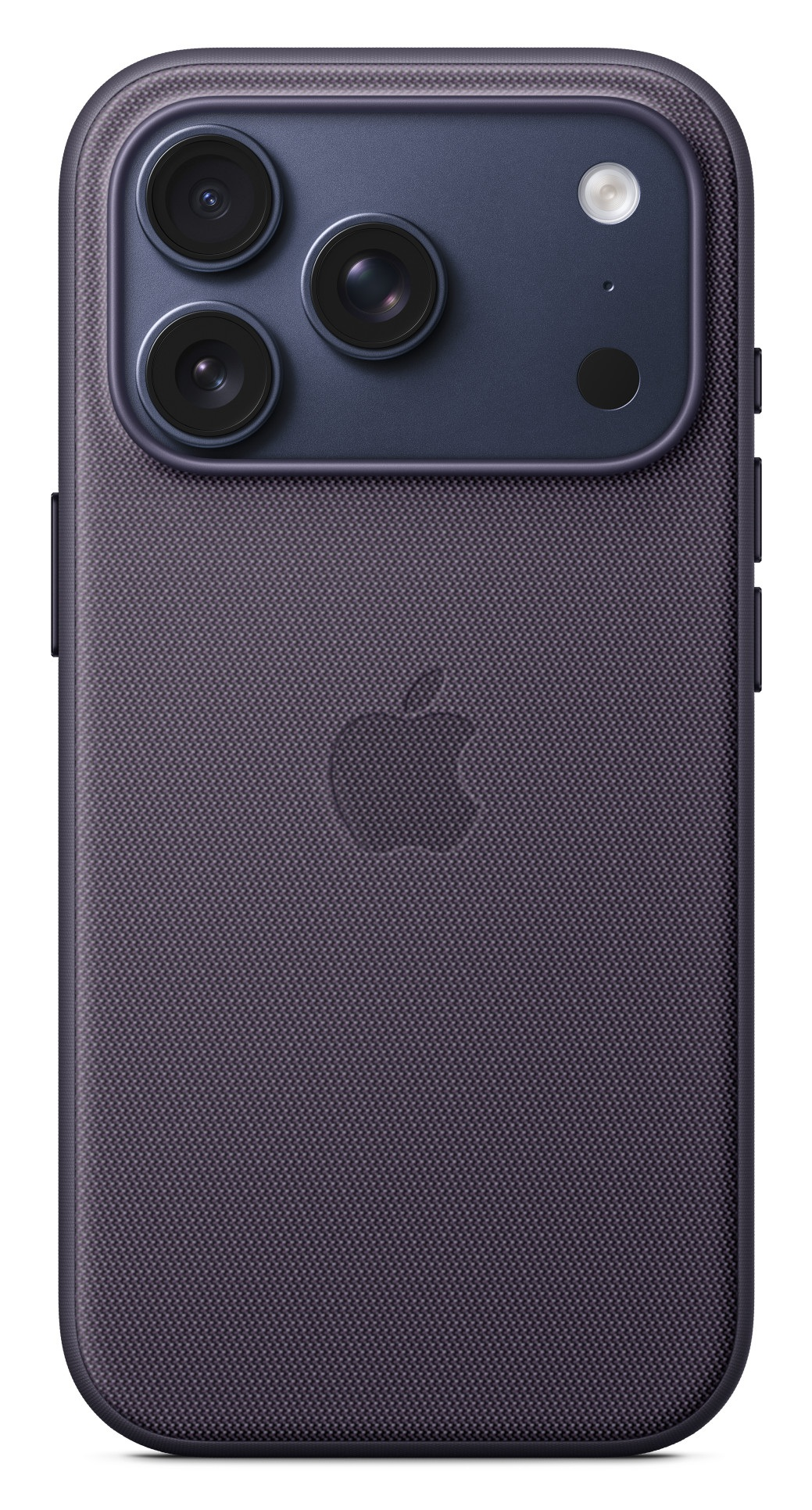 Fioletowy tył iPhone'a z trzema obiektywami, lampą błyskową i logo Apple. Tekstura jest tkana.