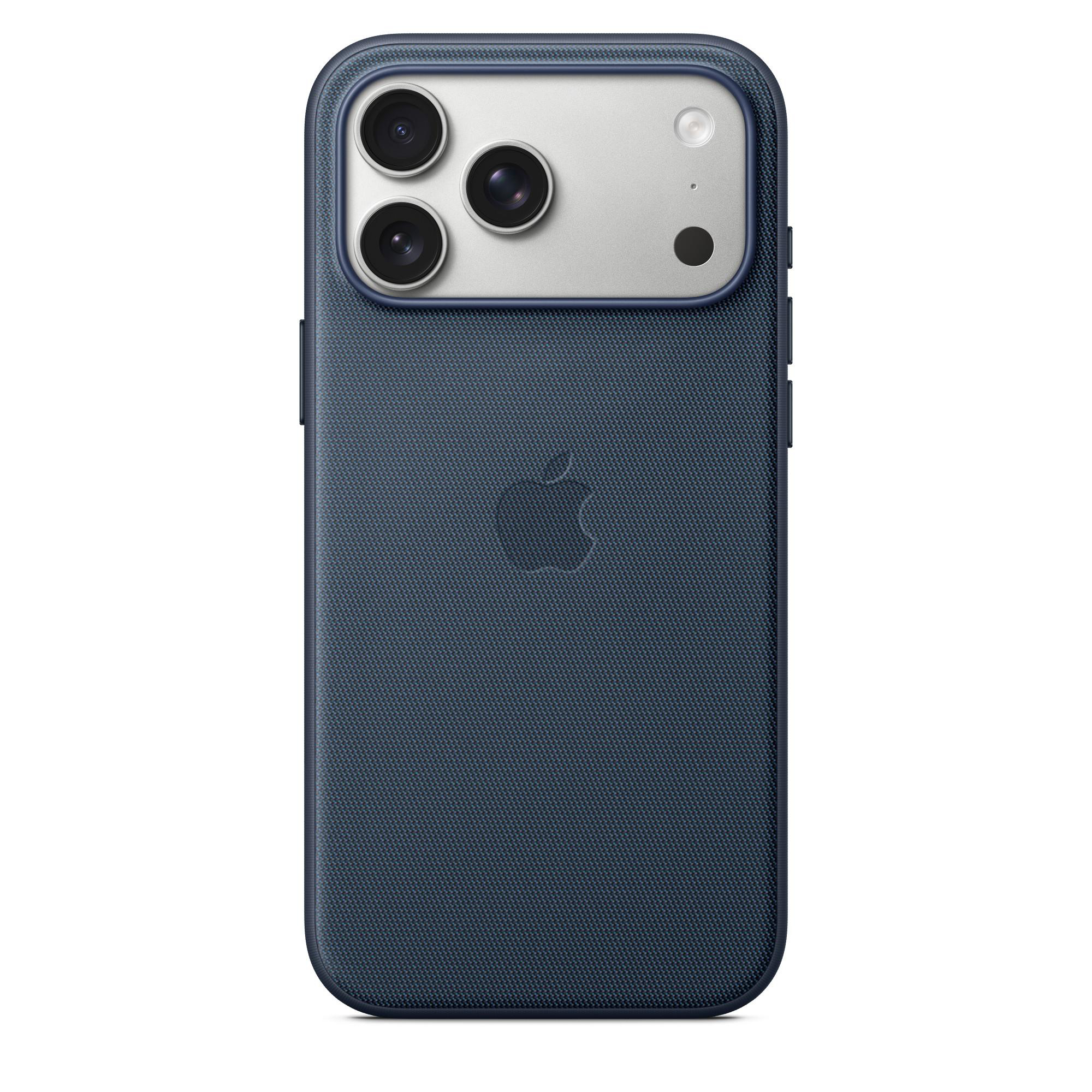 Eine marineblaue Handyhülle mit silberner Kameraleiste. Drei Kameralinsen und ein Apple-Logo sind sichtbar.