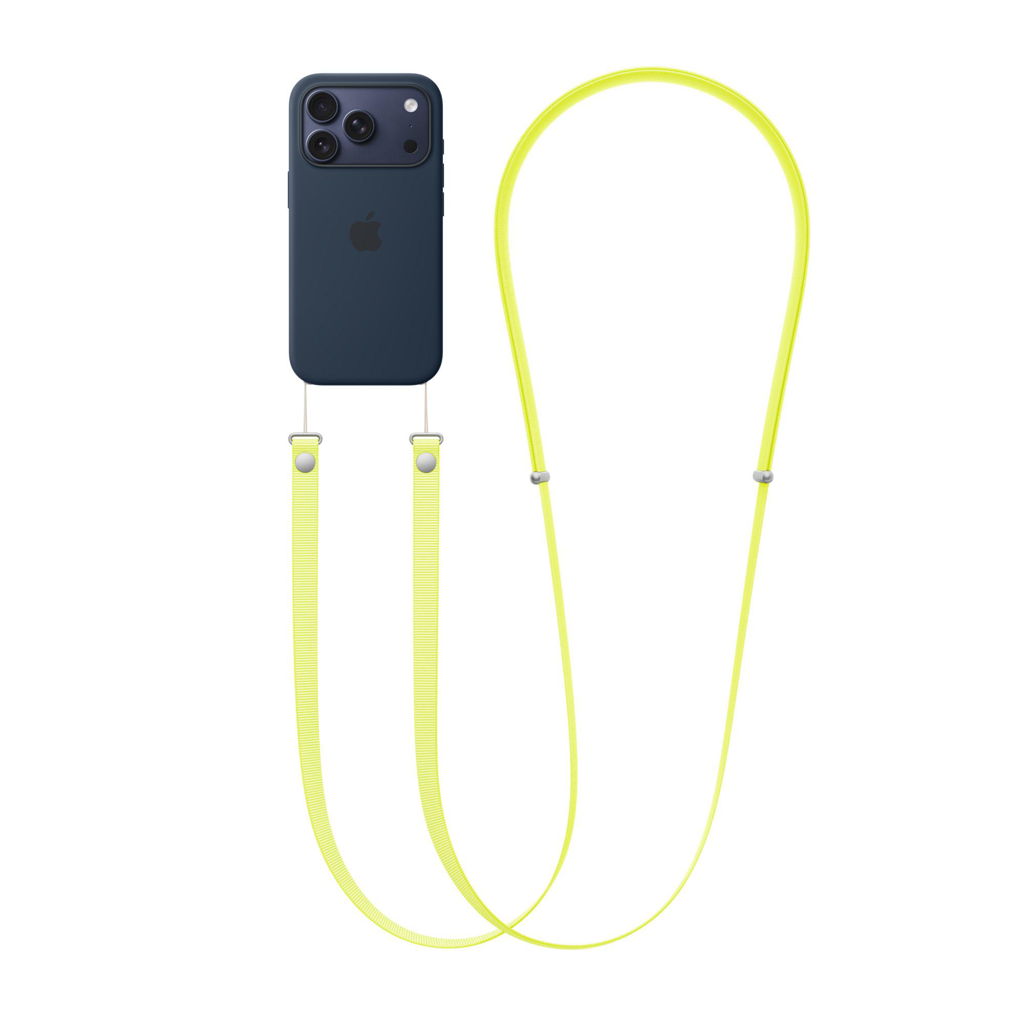 Ein dunkelblaues iPhone mit einem neongelben Umhängeband. Das Telefon ist mittig, mit dem Umhängeband darumschleift.