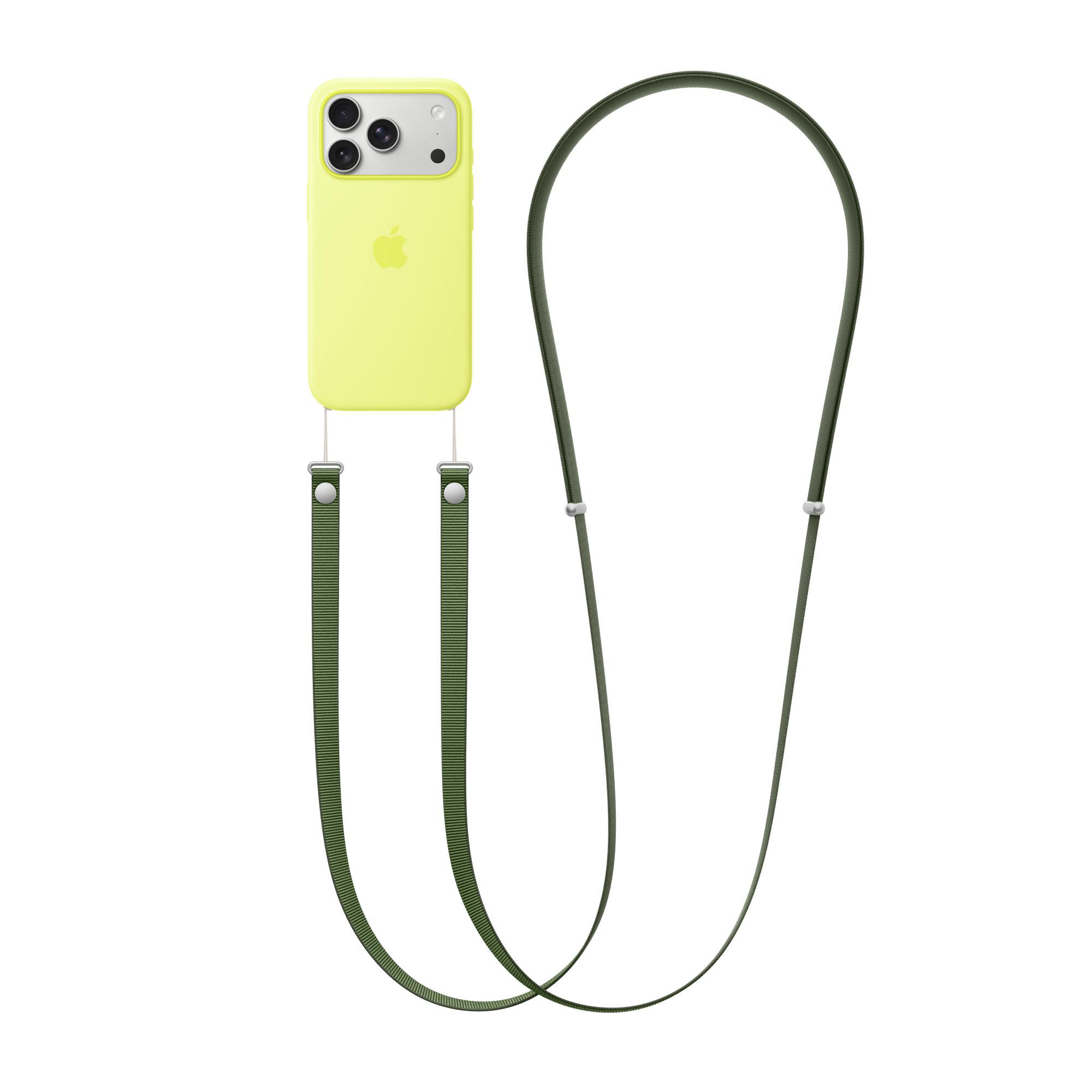 Ein gelbes Telefon mit grünem Gurt. Das Telefon hat ein Apple-Logo. Gurt hat Metallclips. Weißer Hintergrund.