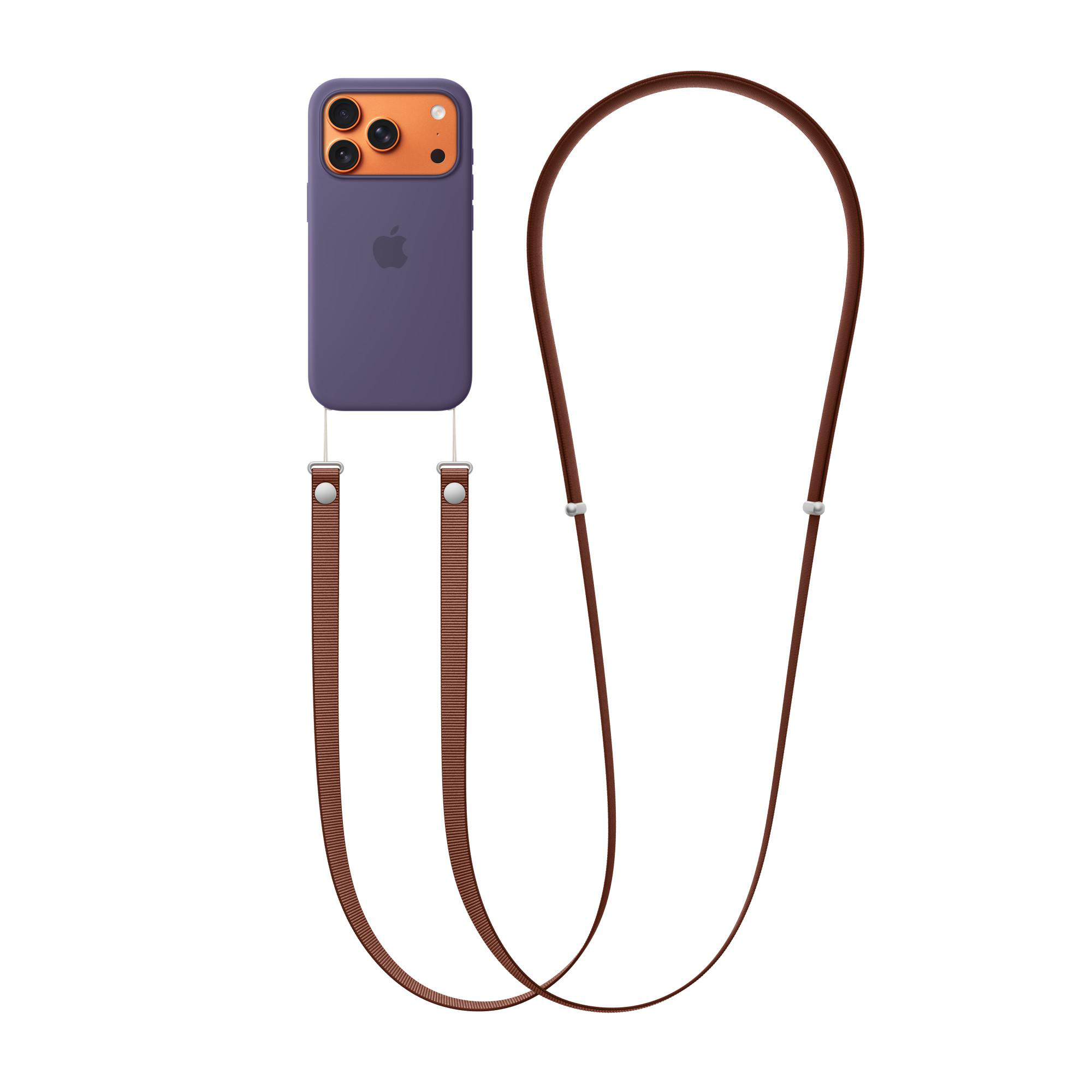 Lila Telefon mit orangefarbener Kamera und braunem Riemen. Apple-Logo sichtbar. Weißer Hintergrund.