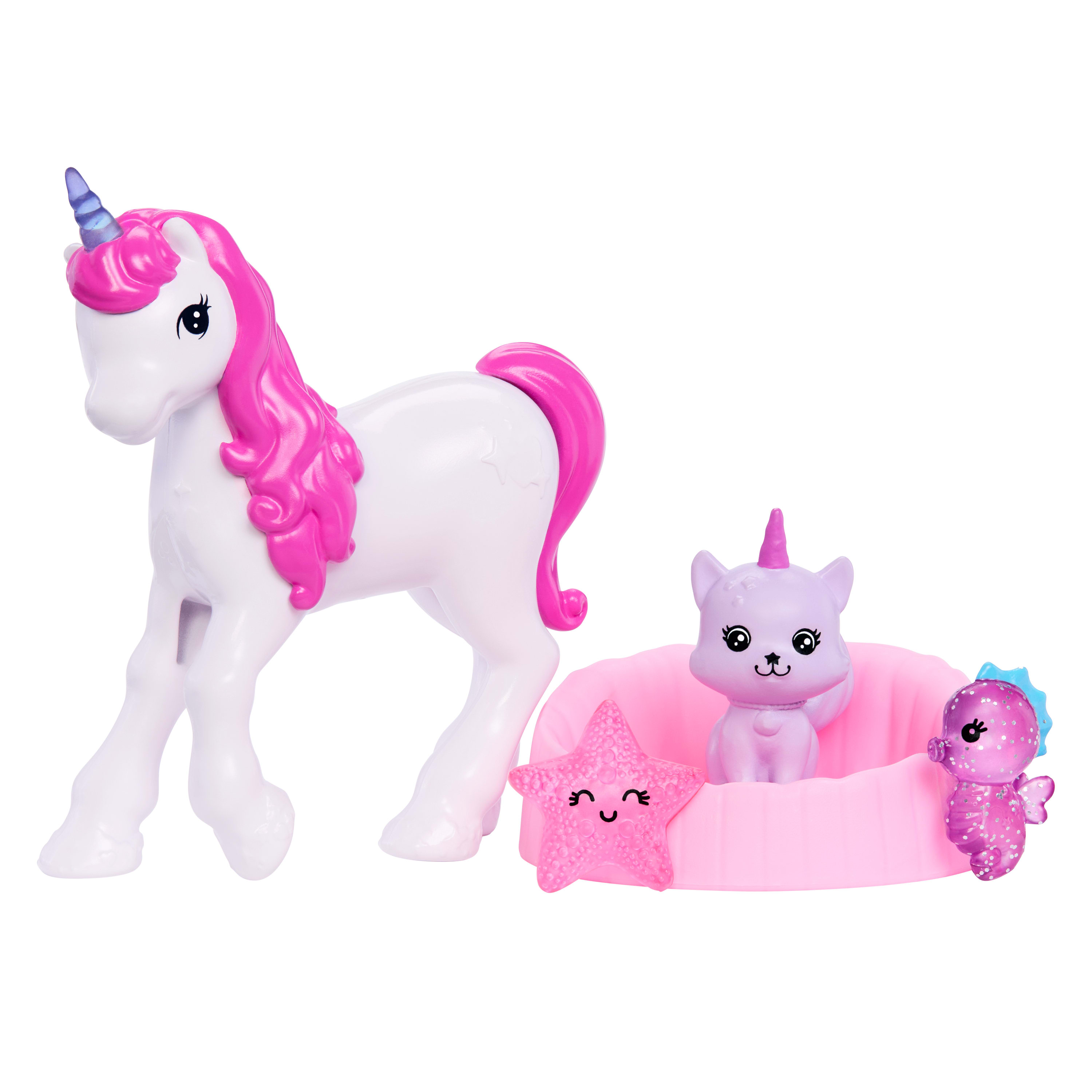Ein weißes Einhorn-Spielzeug mit rosa Mähne und Horn. Außerdem eine rosa Muschel mit Spielzeug darin.