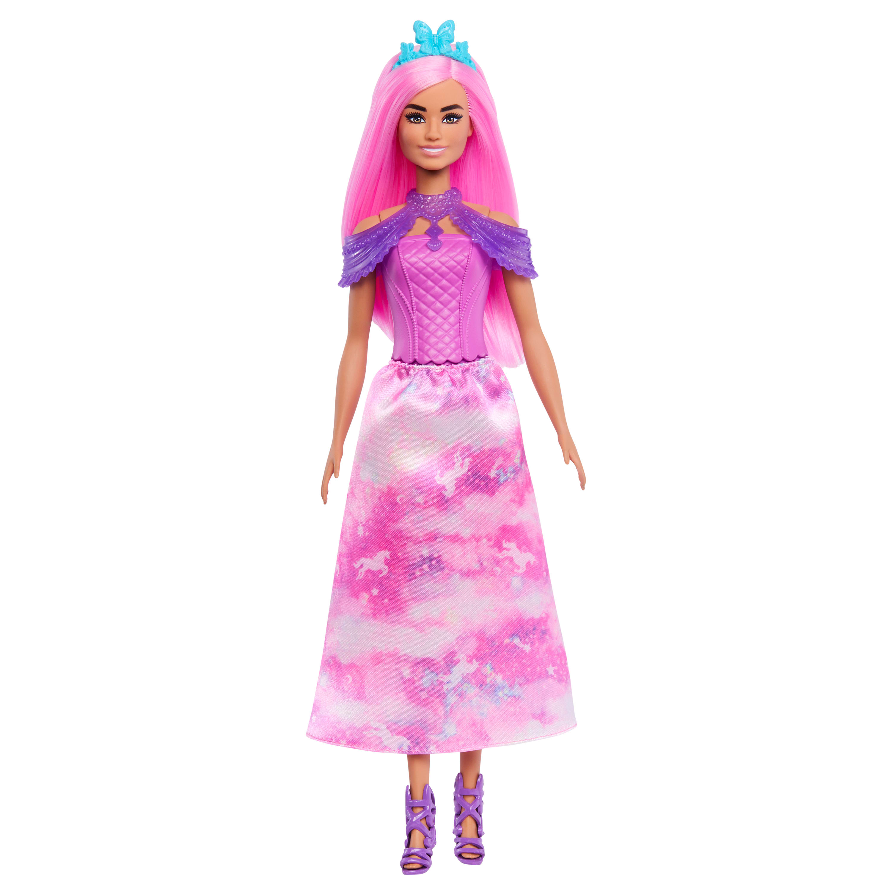 Eine Barbie-Puppe mit rosa Haaren und einem Diadem. Sie trägt ein rosa-lila Kleid. Der Hintergrund ist weiß.