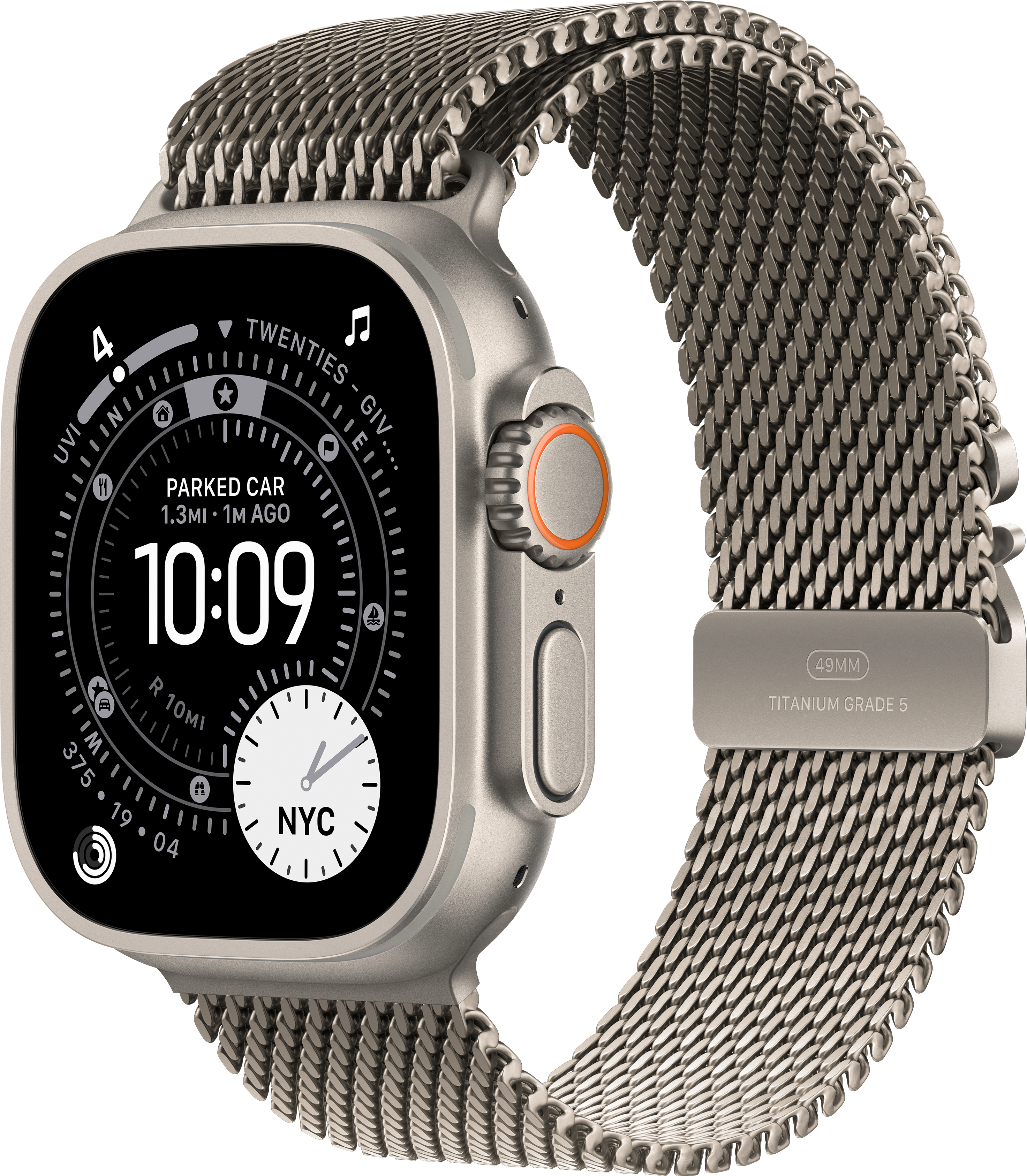 Un Apple Watch Ultra argento con cinturino a maglia. Il quadrante mostra ora, data e altre informazioni. Il cinturino è chiuso.