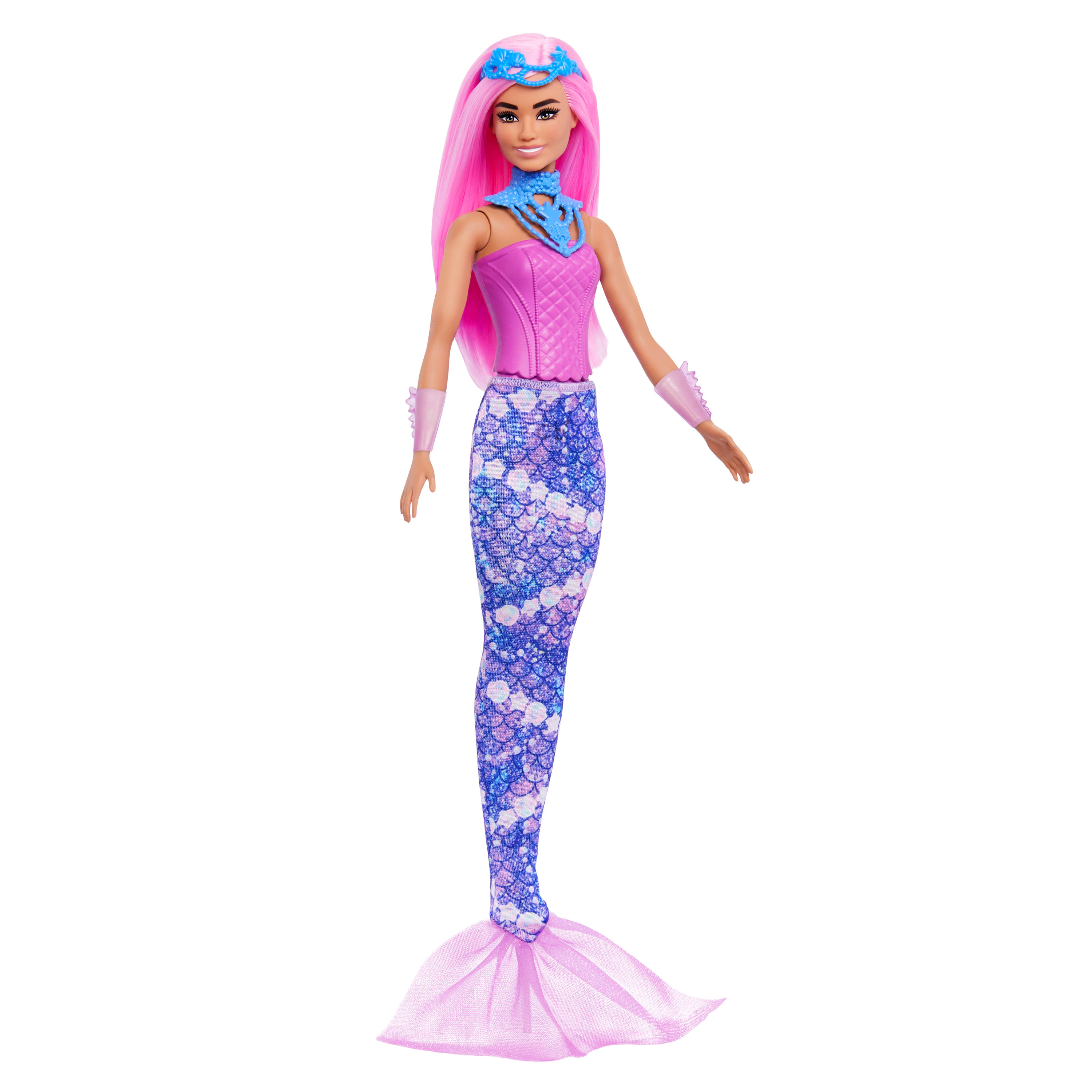 Eine Barbie-Meerjungfrauenpuppe mit rosa Haaren, blauem Diadem und Halskette, rosa Oberteil, Schuppenmuster-Schwanz und rosa Flosse.