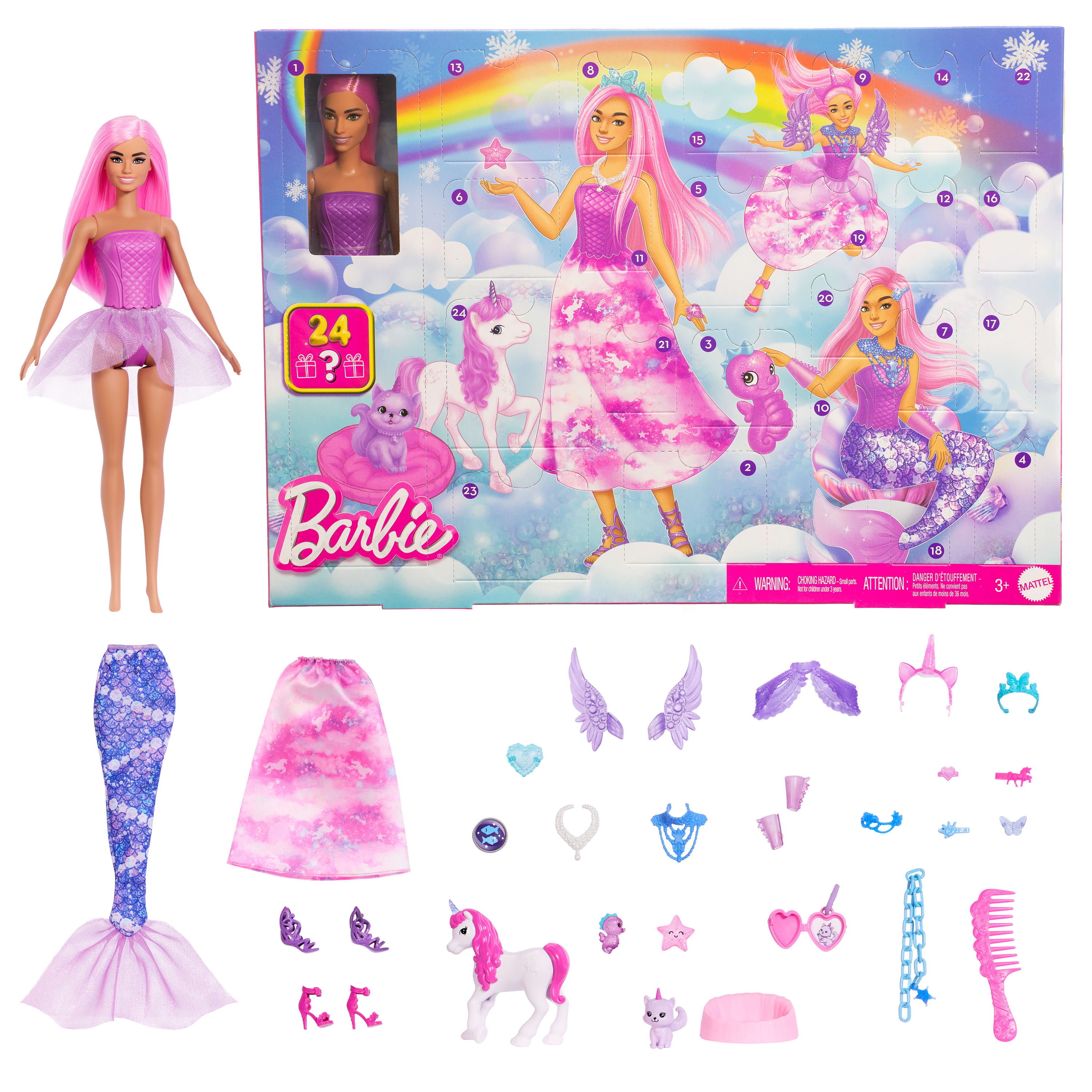 Barbie-Puppe mit Zubehör. Enthält einen Meerjungfrauenschwanz, Flügel und ein Einhorn. Der Hintergrund ist ein farbenfroher Adventskalender.
