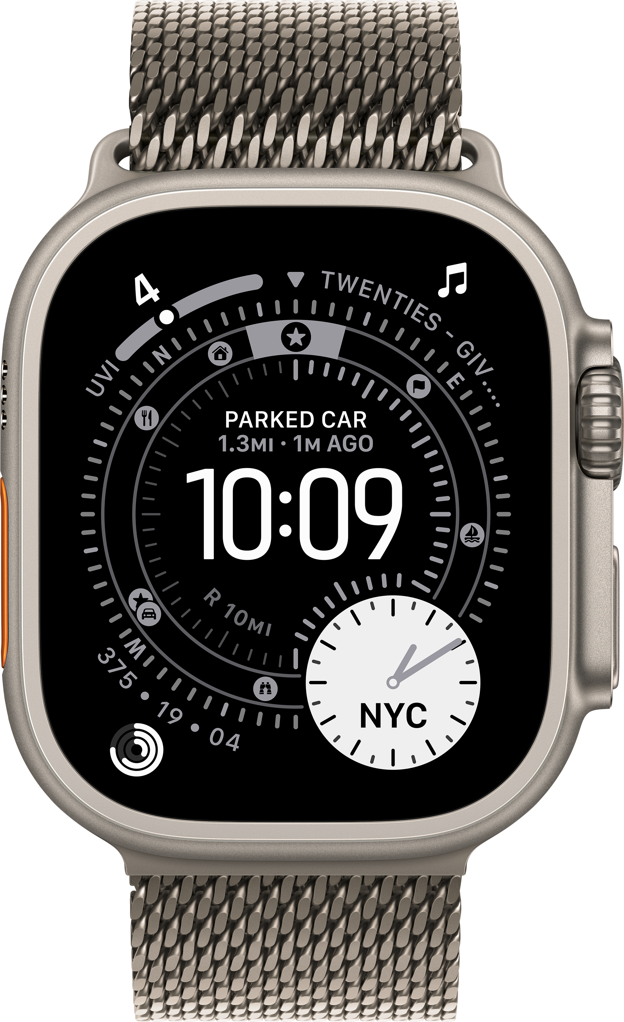 Uno smartwatch mostra l'ora 10:09 e altri dati. Cinturino e cassa in metallo, schermo nero con dettagli bianchi. Ora NYC.