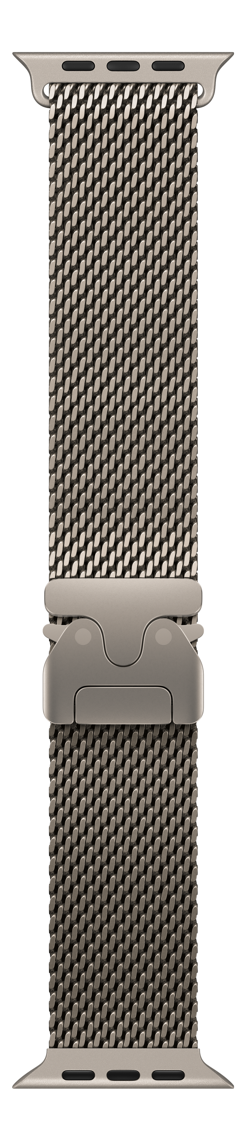 Un bracelet de montre en métal avec un motif en maille et un fermoir. Le bracelet est argenté sur fond noir.