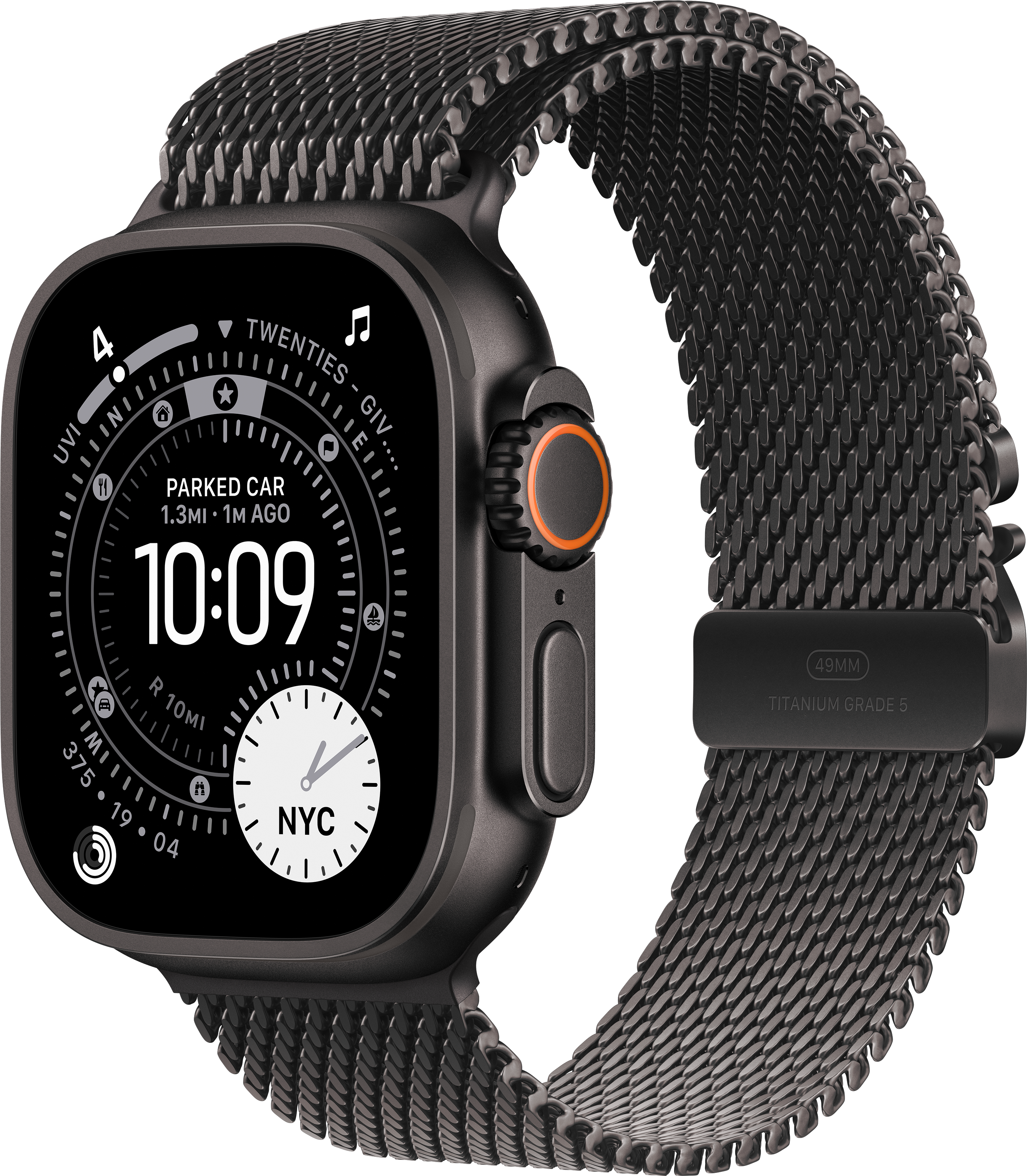 Un Apple Watch Ultra grigio scuro con cinturino nero mostra l'ora e altre info su sfondo nero.