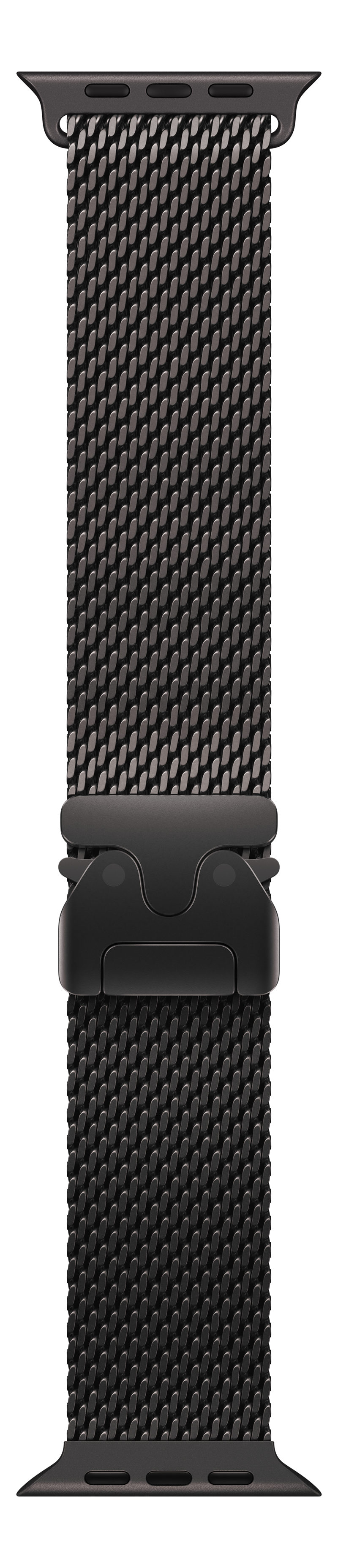 Un bracelet de montre en maille noire avec un fermoir noir. Le fond est noir.
