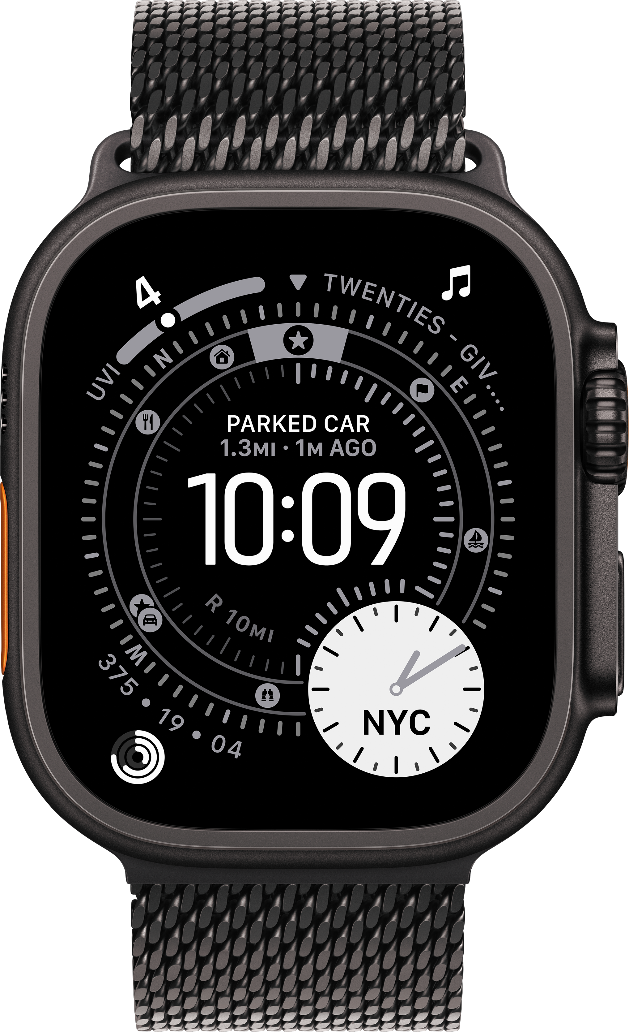 Une Apple Watch Ultra noire affiche l'heure 10:09, des infos de stationnement et un cadran NYC sur fond noir.