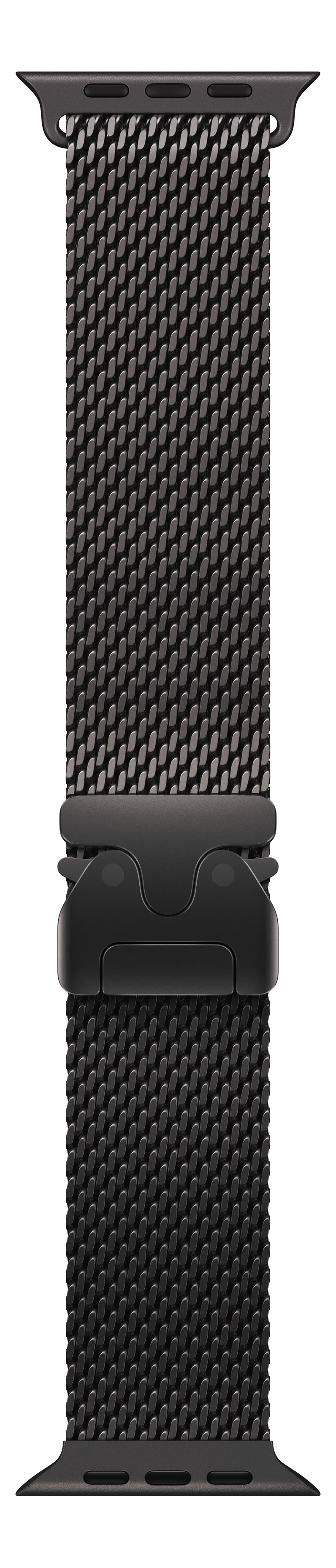 Un cinturino Apple Watch grigio scuro. Ha un design a rete con una chiusura nera. Lo sfondo è nero.
