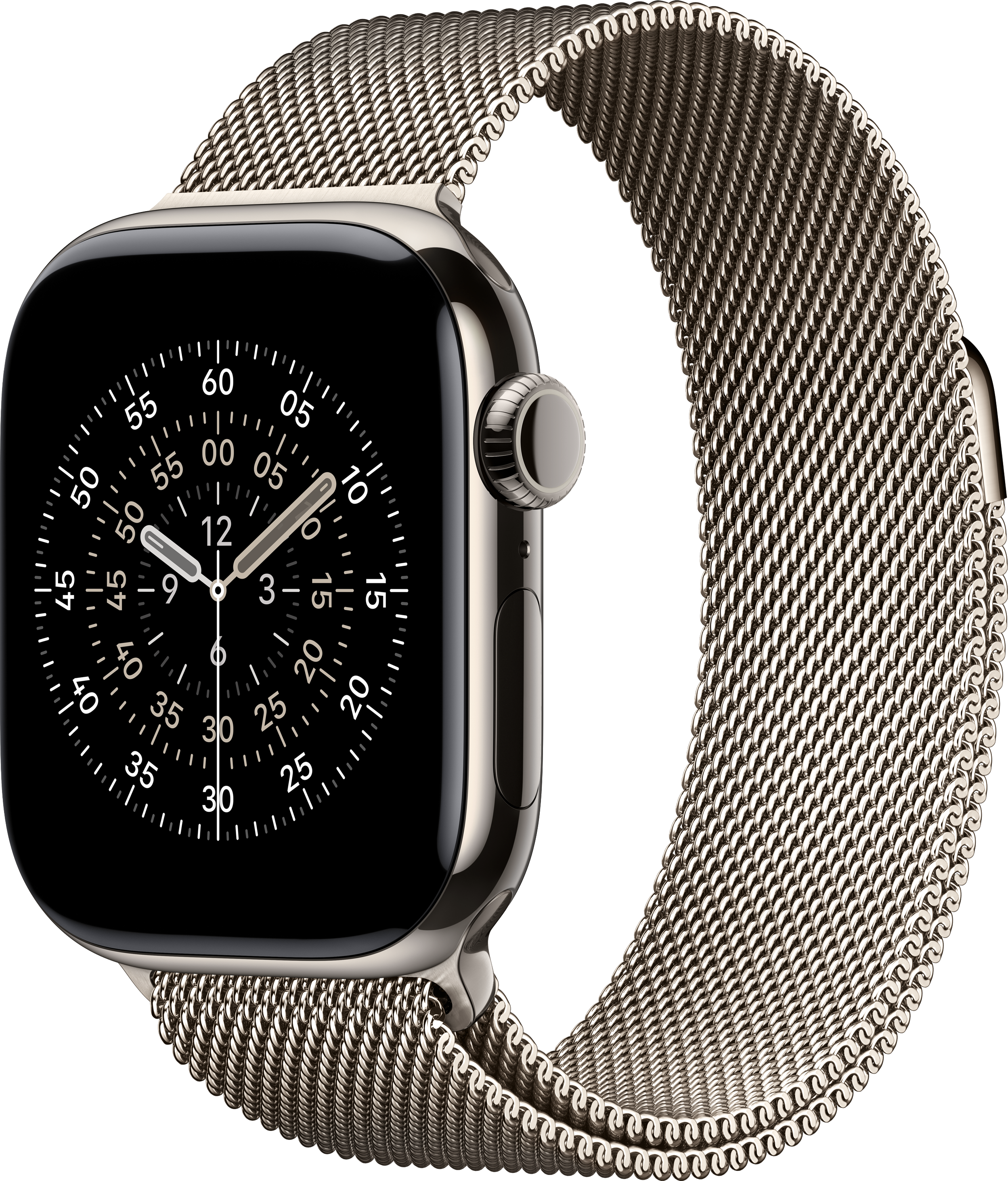 Une Apple Watch argentée avec un bracelet en maille. Le cadran affiche l'heure. Le fond est noir.