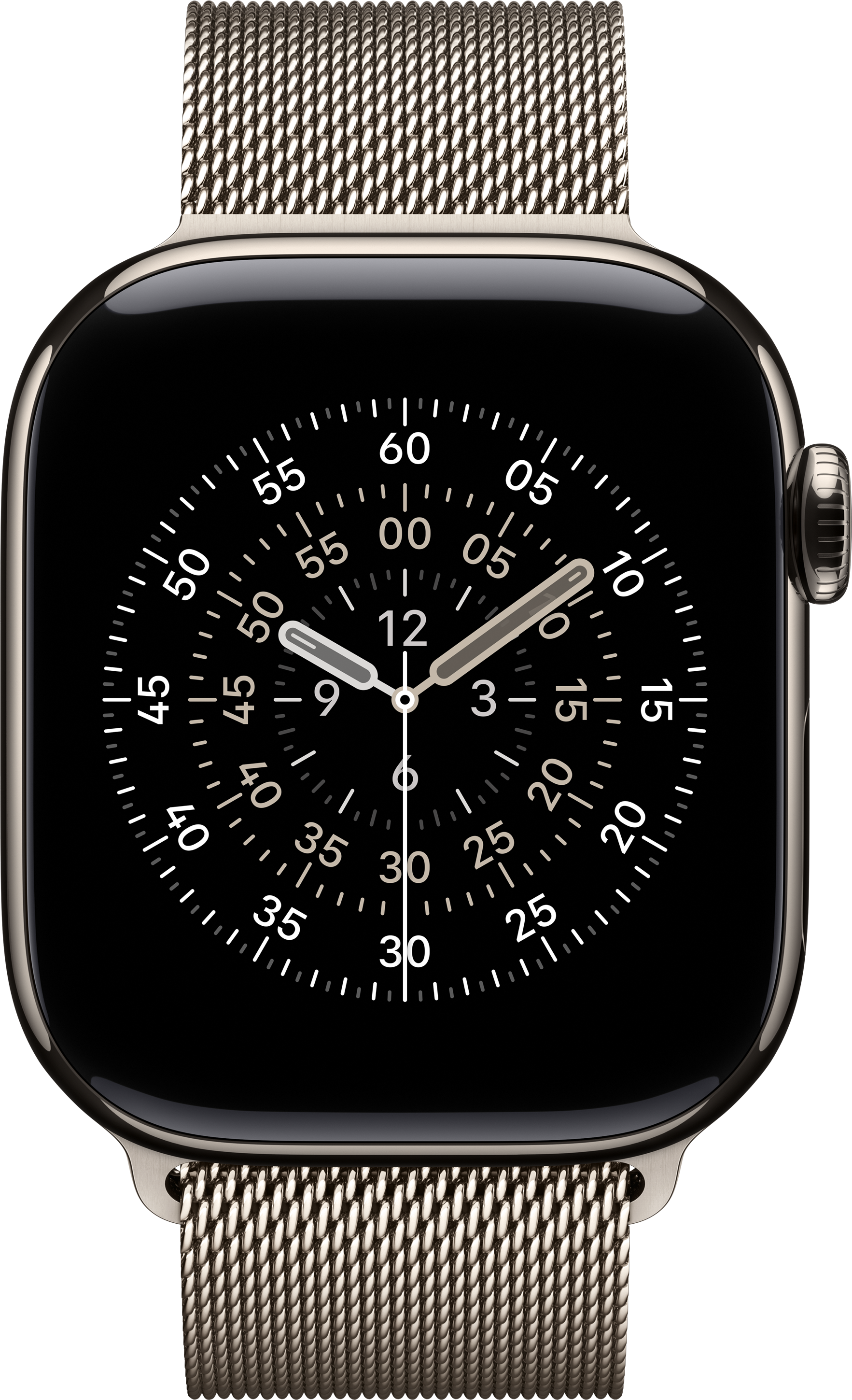 Une Apple Watch argentée avec un cadran noir indiquant l'heure. Le bracelet est en maille argentée. L'heure est d'environ 8h58.