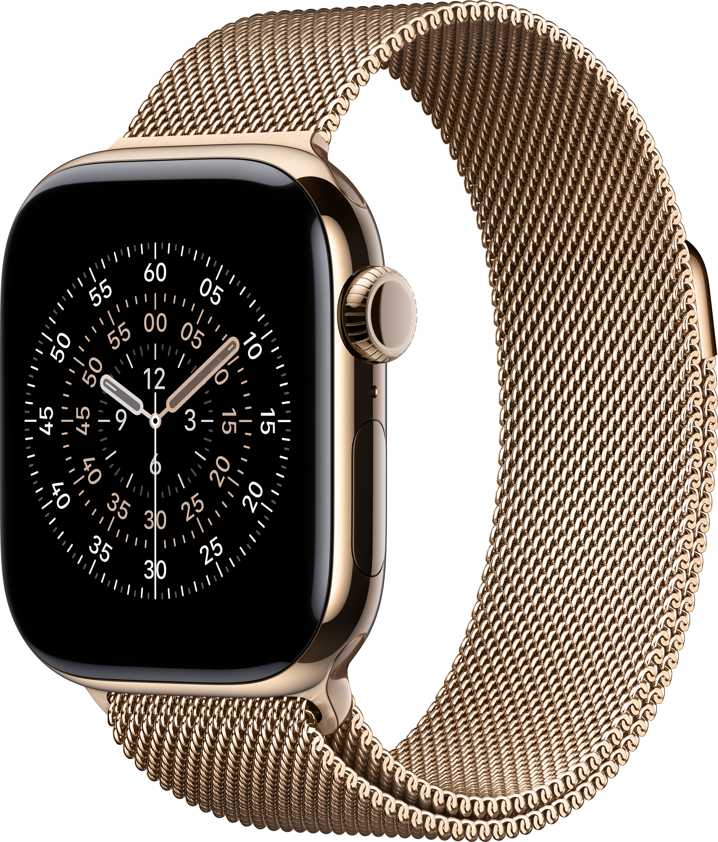 Une Apple Watch dorée avec cadran noir et bracelet milanais doré, sur fond noir.